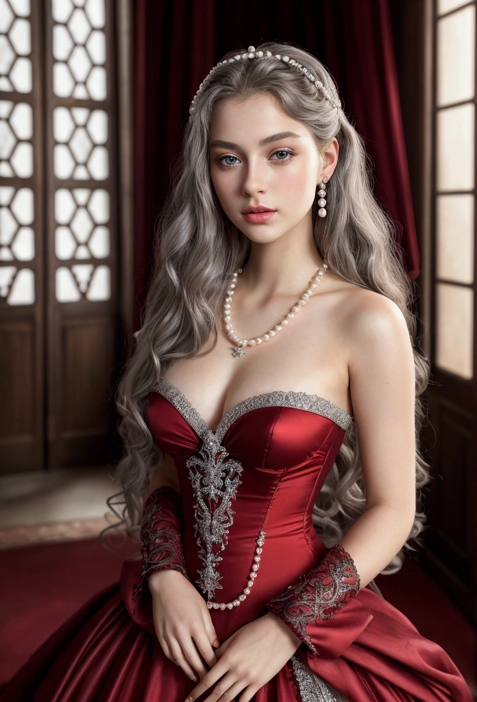 (best qualityer,Ultra-realistic:1.2),A high resolution ,ultra detali, a young French courtesan of the fourteenth century, de 16 anos, beautiful woman in exquisite black and red costume ,Fine Jewelry, like pearls and rubies. pale skin, Curly silver hair with small strands, beautiful expressive blue-gray eyes ,beautiful detailed lips,, Beautiful and elegant and delicate personality.
