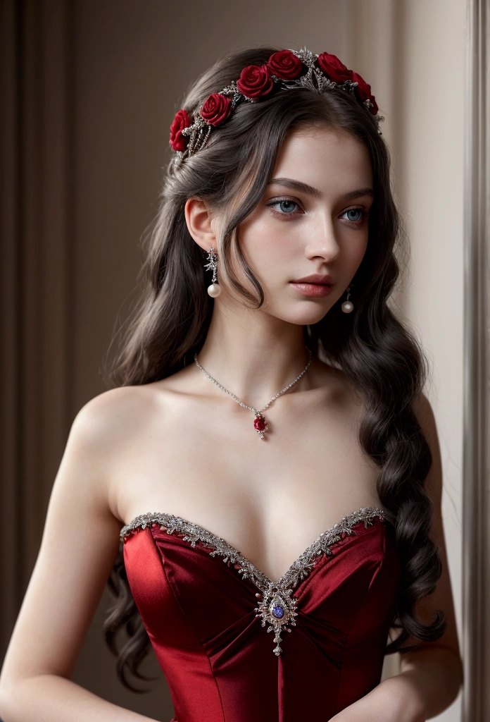 (best qualityer,Ultra-realistic:1.2),A high resolution ,ultra detali, a young French courtesan of the fourteenth century, de , beautiful woman in exquisite black and red costume ,Fine Jewelry, like pearls and rubies. pale skin, Curly silver hair with small strands, beautiful expressive blue-gray eyes ,beautiful detailed lips,, Beautiful and elegant and delicate personality.