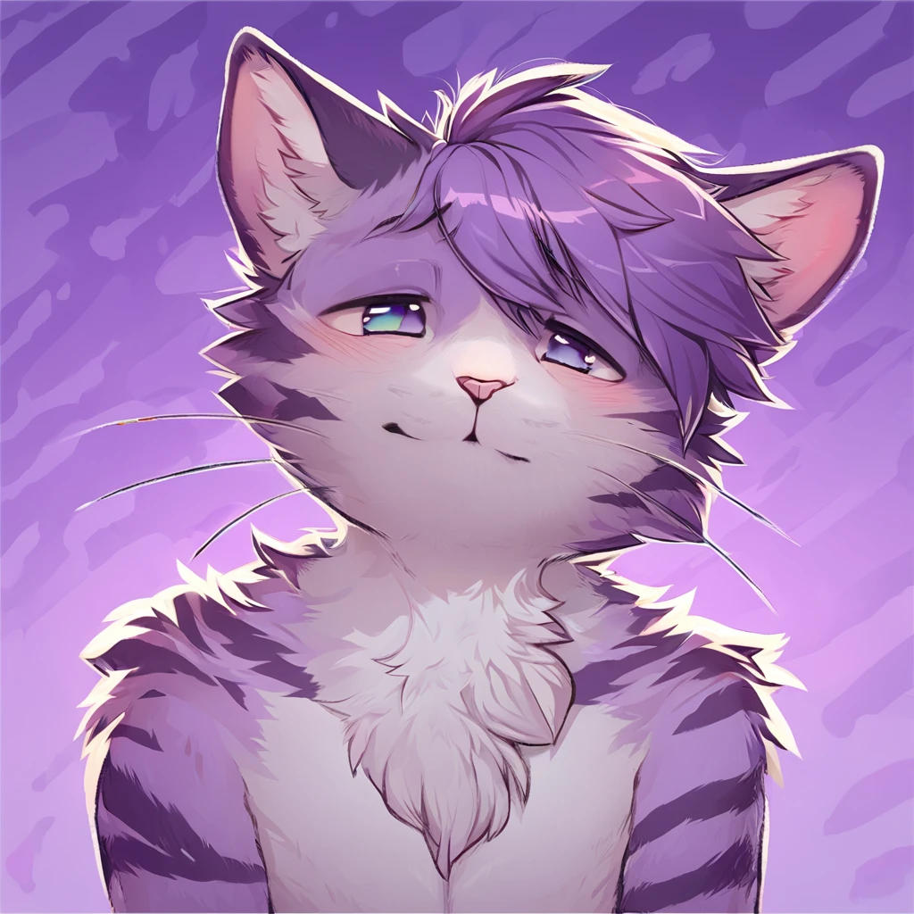 adult, feline, mammal, anthro, anthropomorphic, cat, striped, fur, striped_feline, fur, male, light_purple_fur, purple_hair, fluffy, white_chest, shy, small_pupils, digital_art, high_resolution, high_res, detailed, hand-drawn, pencil_lines, head_visible, background, neck_visible, seductive_face, detailed_line_work, profile_picture, head_visible, neptune_background, purple_background, cute, white, posing, paw_fingers, individual_fingers, finger_paws, dreaming_pose, headshot, head_only, small_pupils, seductive_face, tufts, paws, chest, glossy_fur, vibrant_colors, expressive_eyes, elegant_pose, high_quality, looking_at_viewer, day_dreaming_expression, thoughtful_pose, relaxed_hand_pose