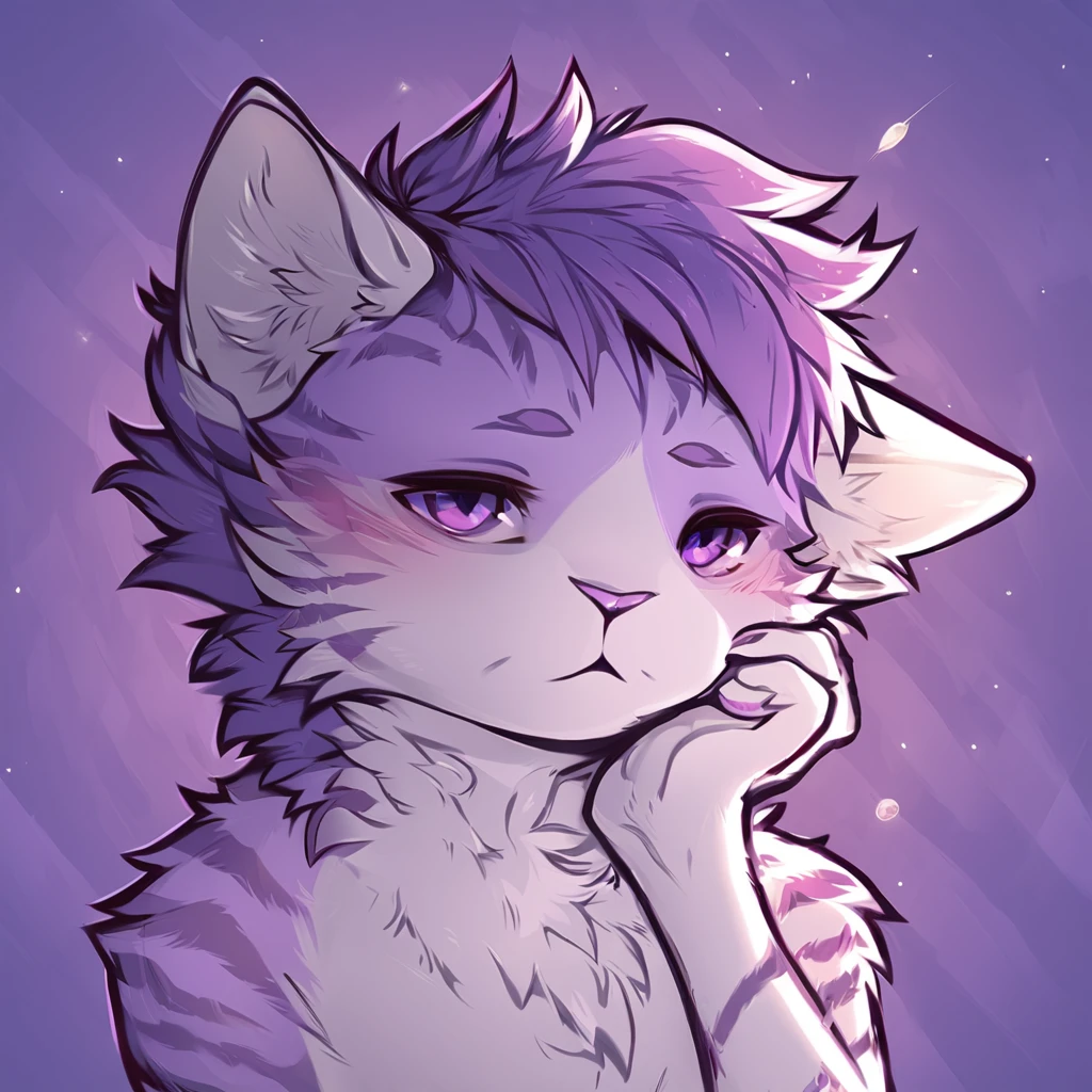 adult, feline, mammal, anthro, anthropomorphic, cat, striped, fur, striped_feline, fur, male, light_purple_fur, purple_hair, fluffy, white_chest, shy, small_pupils, digital_art, high_resolution, high_res, detailed, hand-drawn, pencil_lines, head_visible, background, neck_visible, seductive_face, detailed_line_work, profile_picture, head_visible, neptune_background, purple_background, cute, white, posing, paw_fingers, individual_fingers, finger_paws, dreaming_pose, headshot, head_only, small_pupils, seductive_face, tufts, paws, chest, glossy_fur, vibrant_colors, expressive_eyes, elegant_pose, high_quality, looking_at_viewer, day_dreaming_expression, thoughtful_pose, relaxed_hand_pose