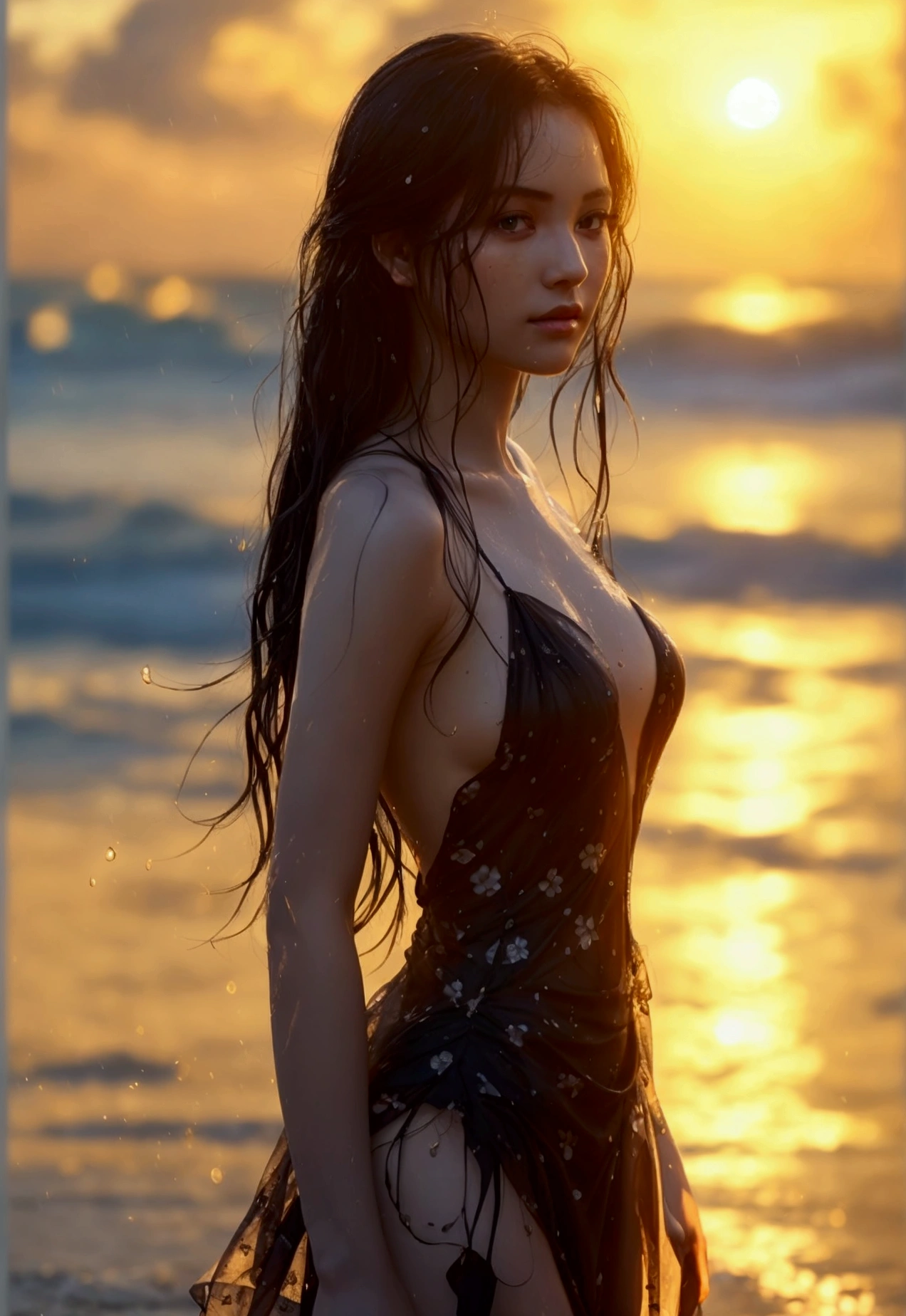 A full body shot of a sensual gorgeous pale skinned lady with beautiful flawless skin, ((no blemishes)) and long black hair. She is wearing a ultra short summer dress, floral. ((form fitting)), open gown design. She is standing wet in the rain on a beach lit by the golden light of the morning sun::5 well-lit, sharp-focus, high-quality, artistic, unique, award-winning photograph, Canon EOS 5D Mark IV DSLR, f/8. ISO 100, 1/250 second, natural light, professional