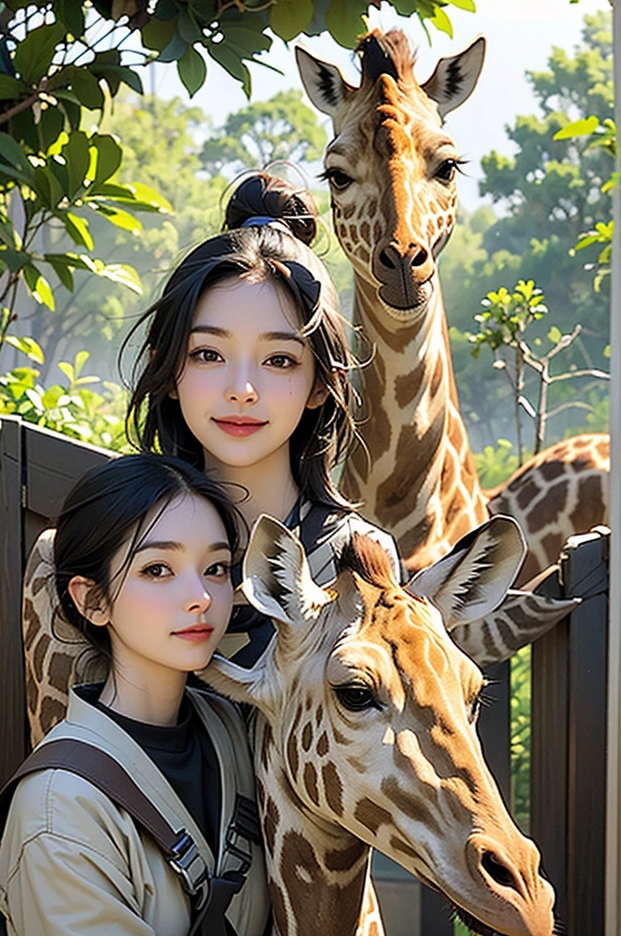 A woman in hunting gear, Standing on a ladder, Take a selfie with a giraffe. When the woman held her phone in front of the giraffe，The giraffe came over with a funny expression.. The scene is both funny and cute.
The woman is placed in the lower left corner of the portrait, Her body is facing the giraffe in the upper right corner. The ladder and the giraffe&#39;s long neck form a diagonal line，Lead the viewer&#39;s eye through the scene. The background is the savannah, Adding context to the playful interaction between the woman and the giraffe.
Bright and transparent scene lighting, 