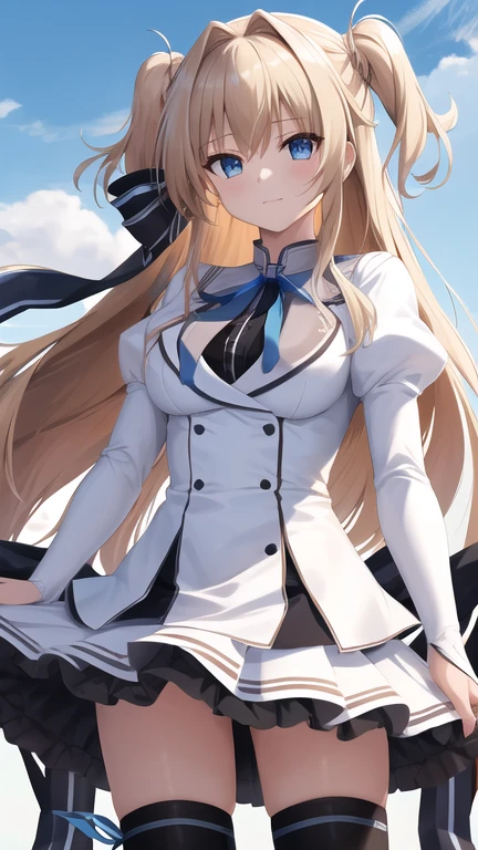 masterpiece, best quality, highres, 1girl, solo, long hair, blonde hair, two side up, (hair ribbon:1.1), blue eyes, neck ribbon, , white jacket, juliet sleeves, long sleeves, white skirt, thigh ribbon, black thighhighs, outdoors, cowboy shot, standing,