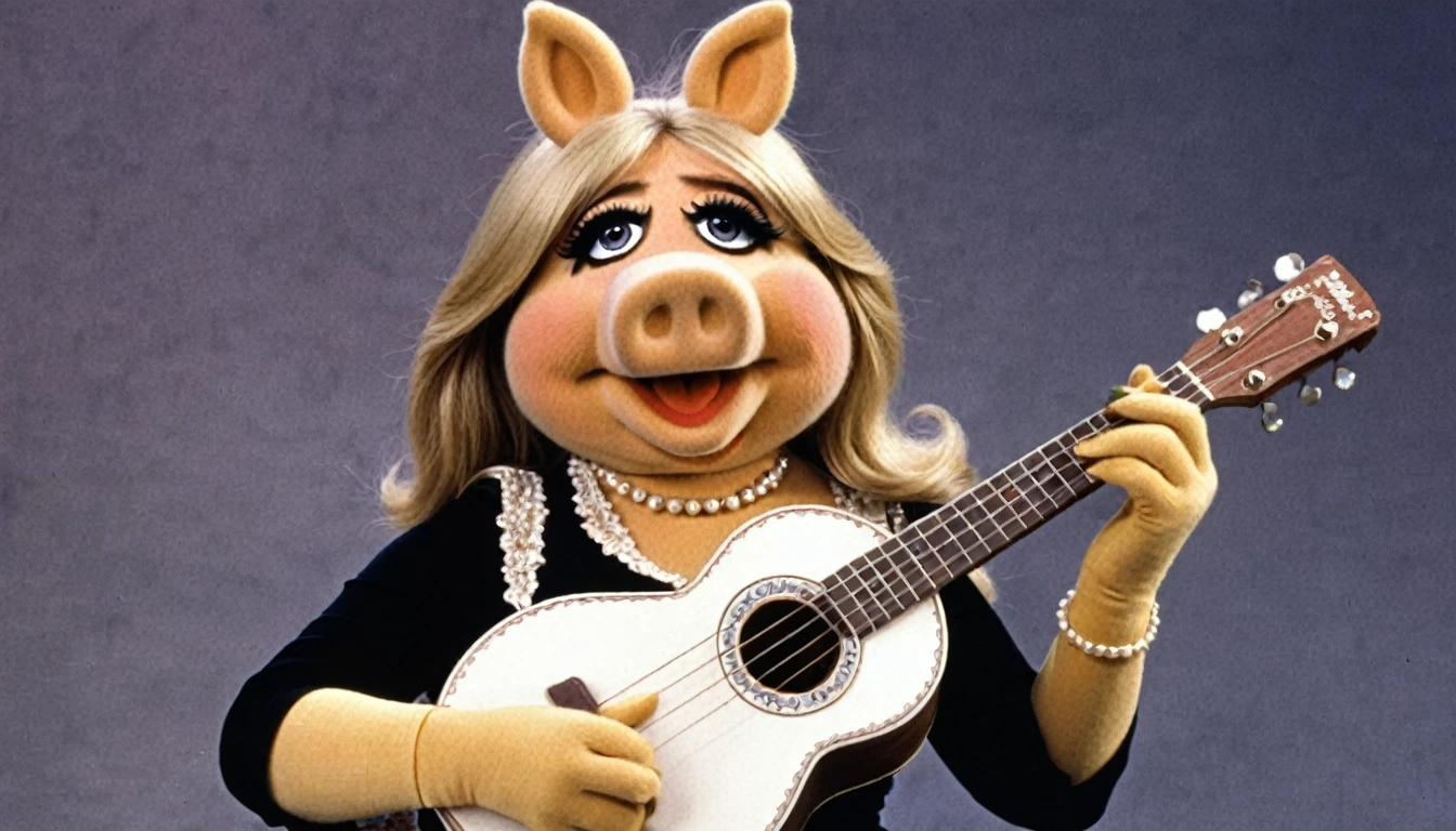 1975; Miss Piggy tocando Ukulelê, by Genevieve Naylor