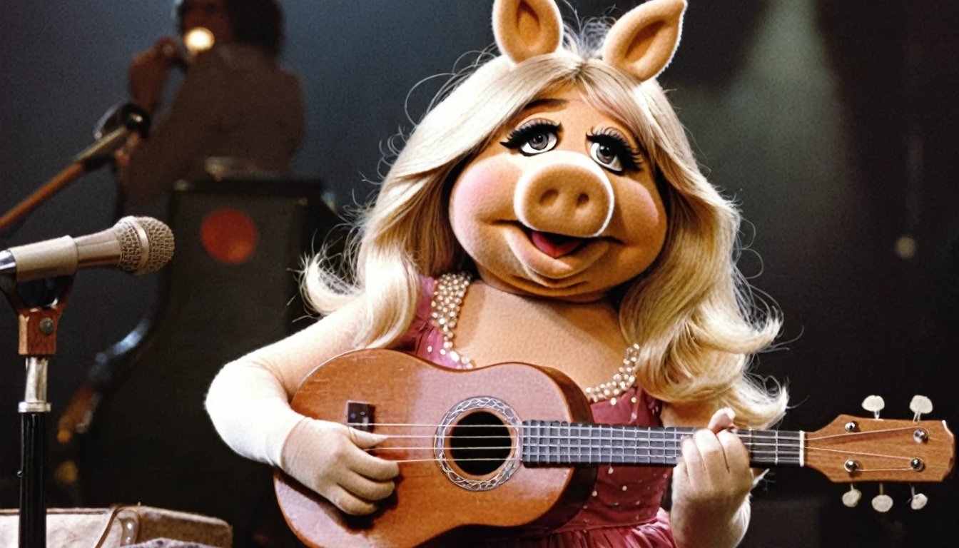 1975; Miss Piggy tocando Ukulelê, by Genevieve Naylor