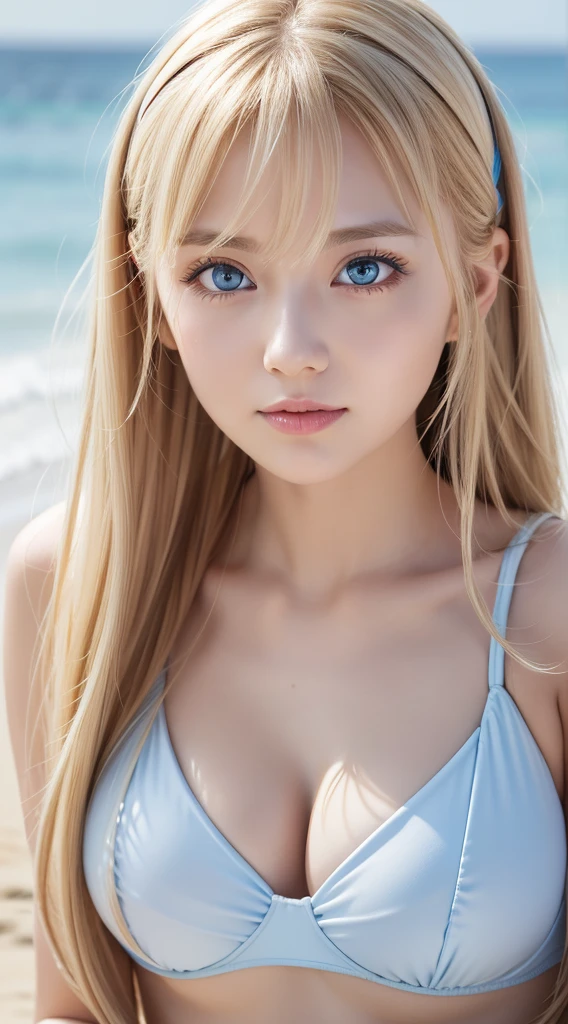 Adorable, years , Ruffled plummeting one-piece swimsuit,  A very beautiful blonde girl from Scandinavia,  Lush bust,Beach,   Low contrast, (Smirking expression:0.8), Super Long Straight Silky Hair、hair scrunchie,  long bangs between eyes、Best Quality, 超A high resolution, photographrealistic, ultra-detailliert, 8K, Raw photo, masuter piece、Very beautiful bright and shining light blue big eyes、very big eyes、gloss cheek highlights、Small face beauty、Kamimei