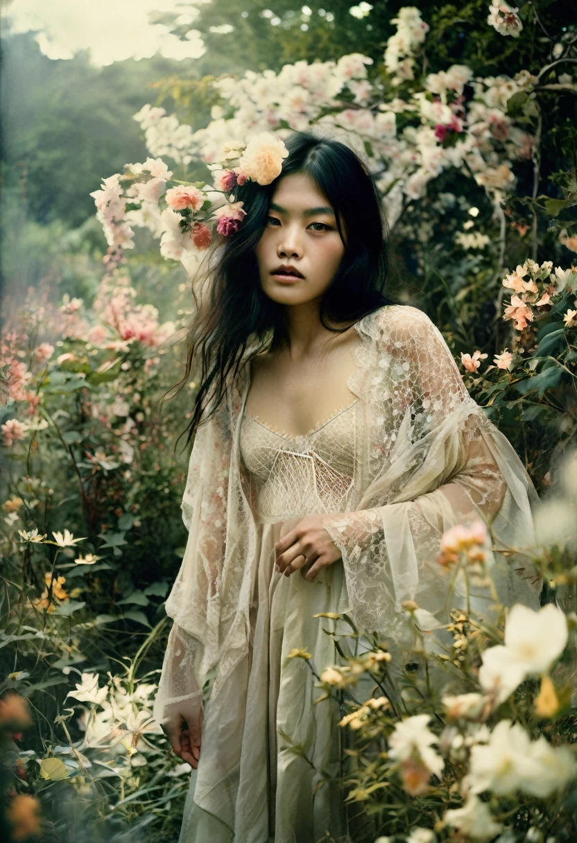 Ethereal Beauty in a Garden, digital art photograph, beautiful asian supermodel's face and body obscured by flowers, lace-trimmed garment, soft lighting, translucent fabrics, ethereal quality, dreamlike atmosphere, subtle colors, natural garden setting, Sally Mann-inspired style.