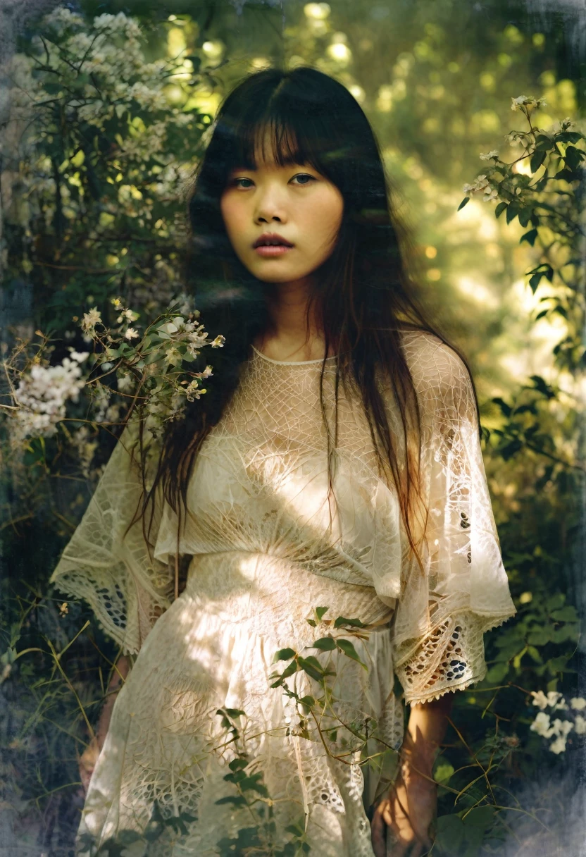 Ethereal Beauty in a Garden, digital art photograph, beautiful asian supermodel's face and body obscured by flowers, lace-trimmed garment, soft lighting, translucent fabrics, ethereal quality, dreamlike atmosphere, subtle colors, natural garden setting, Sally Mann-inspired style.
