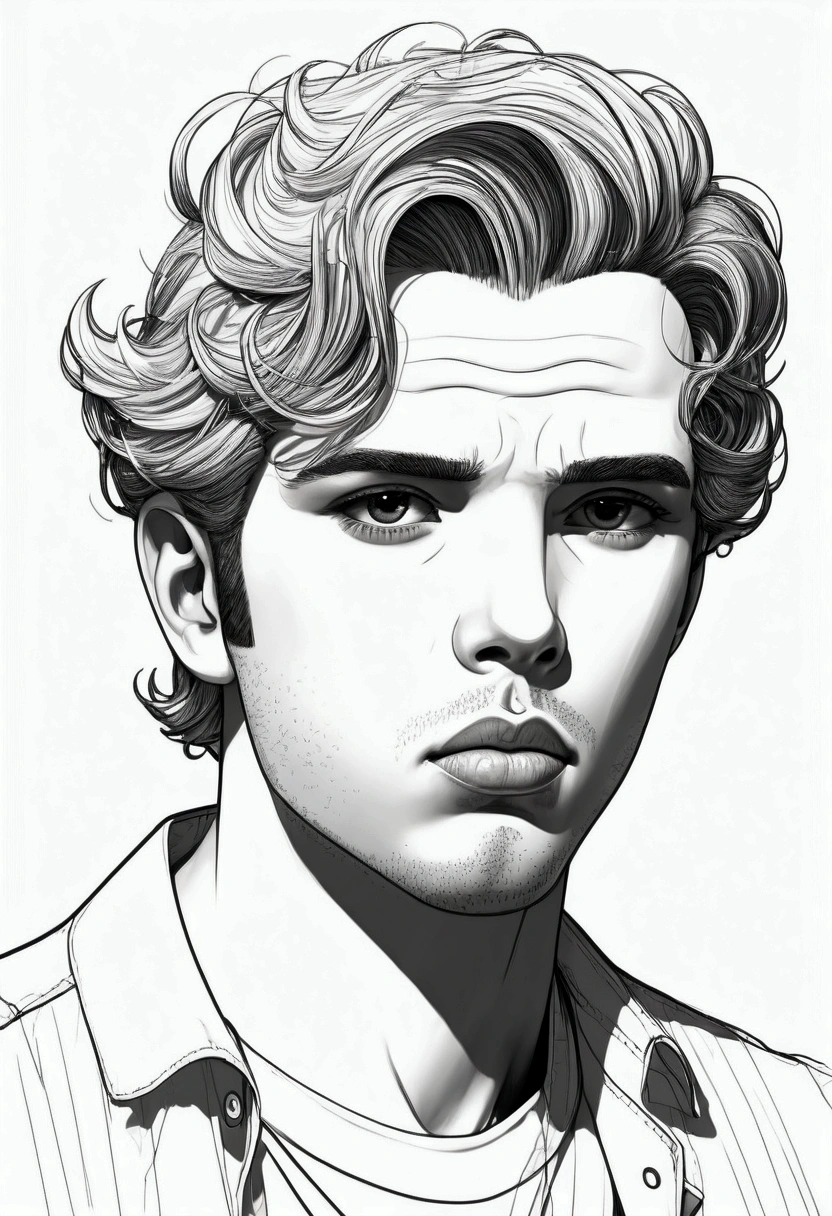 (White Background:1.6),[overview:0.5],(Monochrome:1.6),(sketch:1.6),(Line art:1.6),(Line Style:1.6), One Man,Highest quality、High Performance、detailed、Only the lips are pink、only the eyes are blue