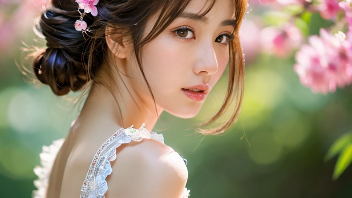 In a lush indoor garden、A Japanese woman is wearing a floral sheer top、A close-up of her breasts and soft flowers in the background、Creating harmony between nature and beauty。