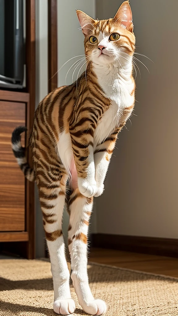 Cat meme material
A ginger tabby cat standing on two legs with beautiful patterns. The cat is facing forward, looking ahead with long legs. Its face has a clear and distinct expression, looking brave and cool.