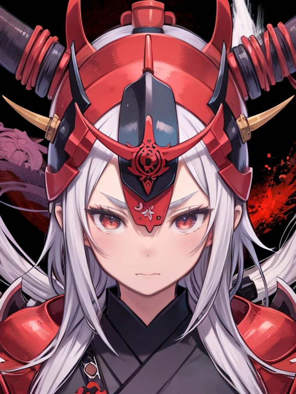 Samurai、Japan Warlords、Samurai in armor、Fight demons、Red Demon、Demon biting the helmet、Upper Body、Kabuki painting、