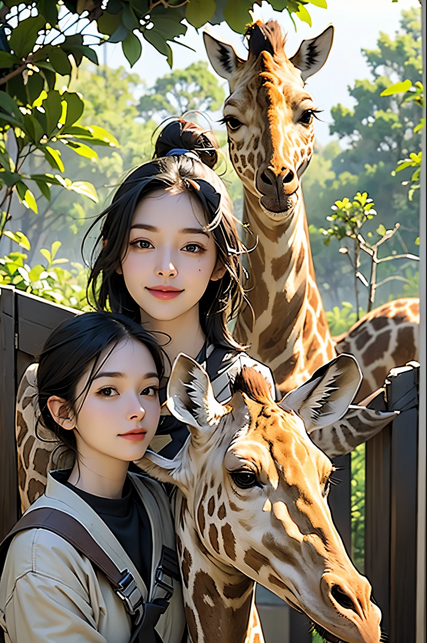 A woman in hunting gear, Standing on a ladder, Take a selfie with a giraffe. When the woman held her phone in front of the giraffe，The giraffe came over with a funny expression.. The scene is both funny and cute.
The woman is placed in the lower left corner of the portrait, Her body is facing the giraffe in the upper right corner. The ladder and the giraffe&#39;s long neck form a diagonal line，Lead the viewer&#39;s eye through the scene. The background is the savannah, Adding context to the playful interaction between the woman and the giraffe.
Bright and transparent scene lighting, 