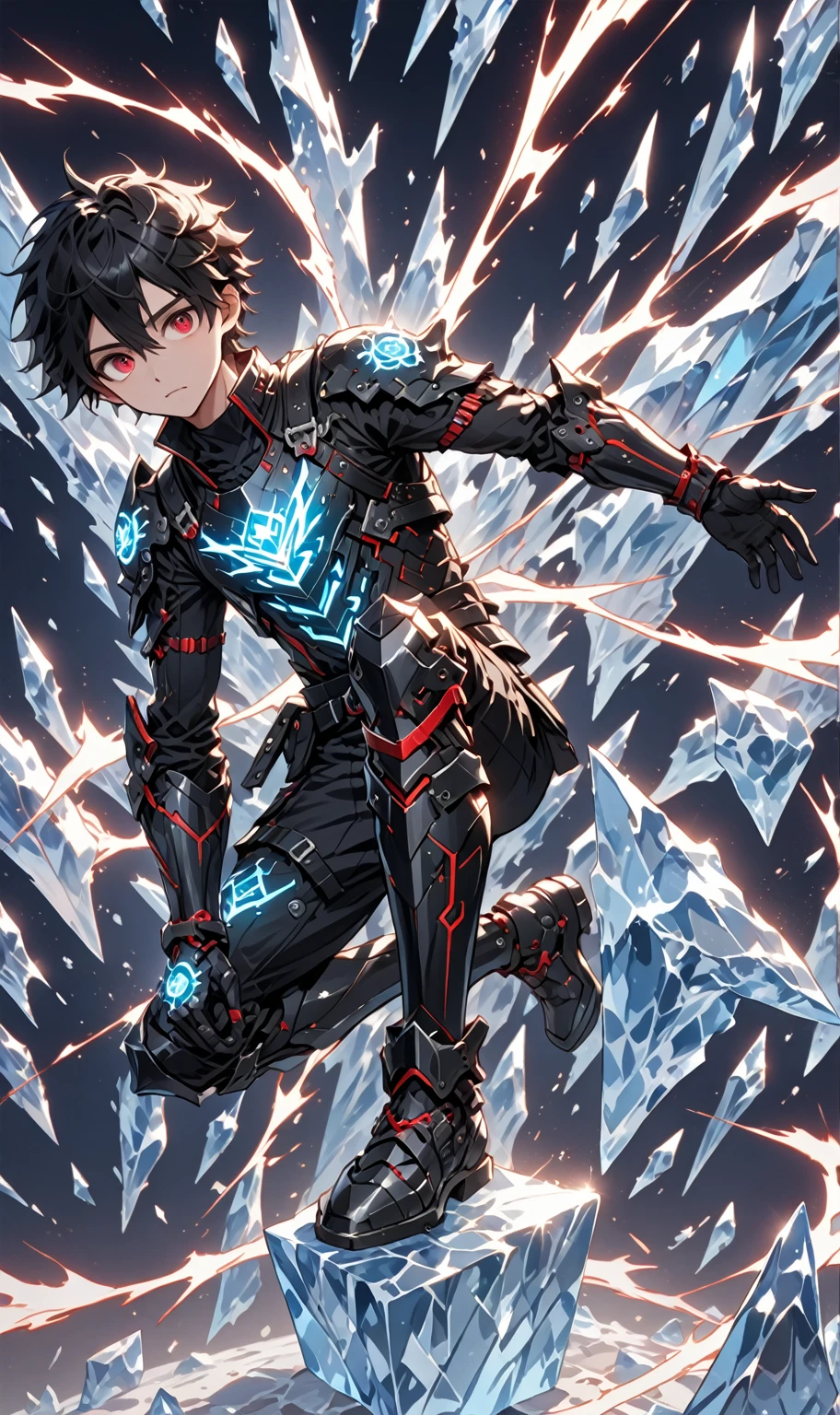 1boy, masterpiece, best quality, very aesthetic, absurdres,newest, anime style, sung jin woo, solo leveling, black hair, HairDetailer, short hair, (ice neon black tech samurai armor:1.3)), (White kirito jacket:1.3), (glows deep ruby red eyes:1.2), (gradient eyes:1.2), (symmetrical eyes:1.2), big highlight on eyes:1.3), BeautifulEye, dynamic angle, thunder clap pose, GoodHands, intricate, surreal, intricate, Add Detail,