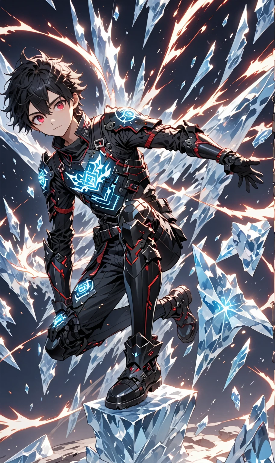 1boy, masterpiece, best quality, very aesthetic, absurdres,newest, anime style, sung jin woo, solo leveling, black hair, HairDetailer, short hair, (ice neon black tech samurai armor:1.3)), (White kirito jacket:1.3), (glows deep ruby red eyes:1.2), (gradient eyes:1.2), (symmetrical eyes:1.2), big highlight on eyes:1.3), BeautifulEye, dynamic angle, thunder clap pose, GoodHands, intricate, surreal, intricate, Add Detail,
