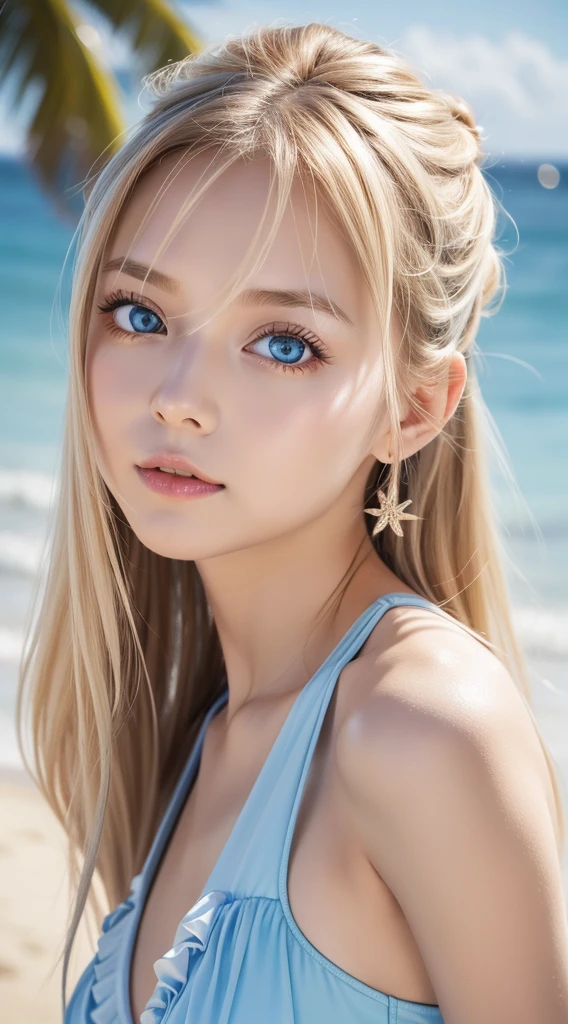 Adorable, 14years , Ruffled plummeting one-piece swimsuit, A very beautiful blonde girl from Scandinavia, Lush bust,Beach, Low contrast, (Smirking expression:0.8), Super Long Straight Silky Hair、hair scrunchie, long bangs between eyes、Best Quality, 超A high resolution, photographrealistic, ultra-detailliert, 8K, Raw photo, masuter piece、Very beautiful bright and shining light blue big eyes、very big eyes、gloss cheek highlights、Small face beauty、Kamimei