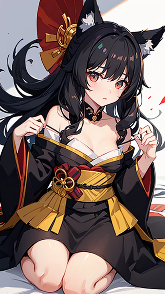 Black hair and fox ears、anime、One woman、Black Ribbon、kimono、kimono、Hime cut、anime tone、beautiful girl、best quality、high quality、good anatomy、good hands、good body、lie down、On the white bed、Facing front、adult-like