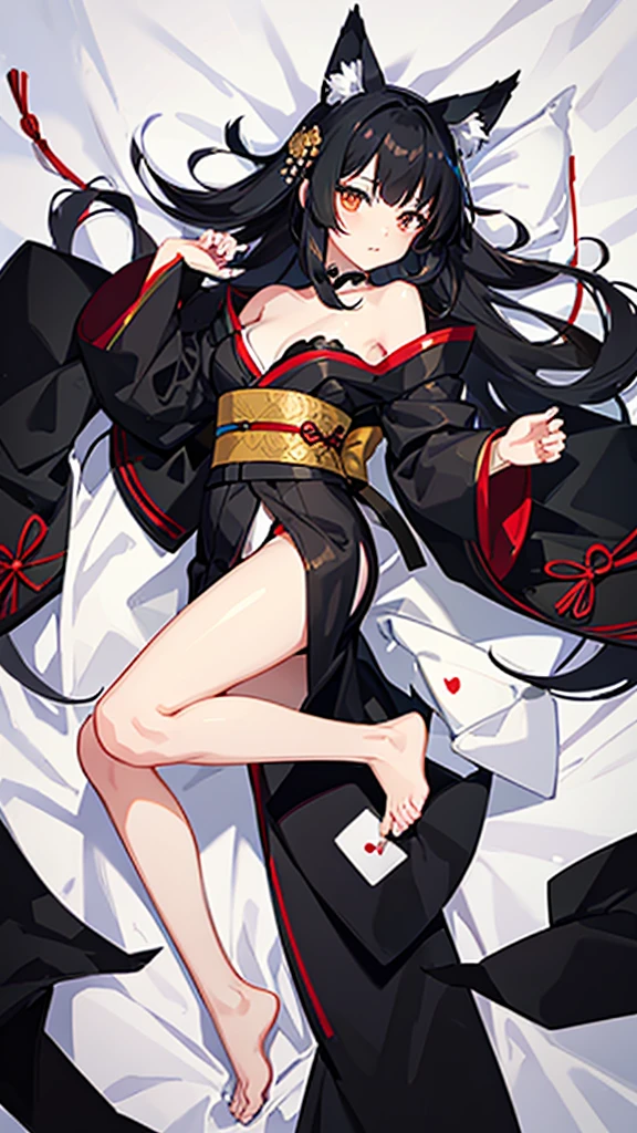 Black hair and fox ears、anime、One woman、Black Ribbon、kimono、kimono、Hime cut、anime tone、beautiful girl、best quality、high quality、good anatomy、good hands、good body、lie down、On the white bed、Facing front、adult-like
