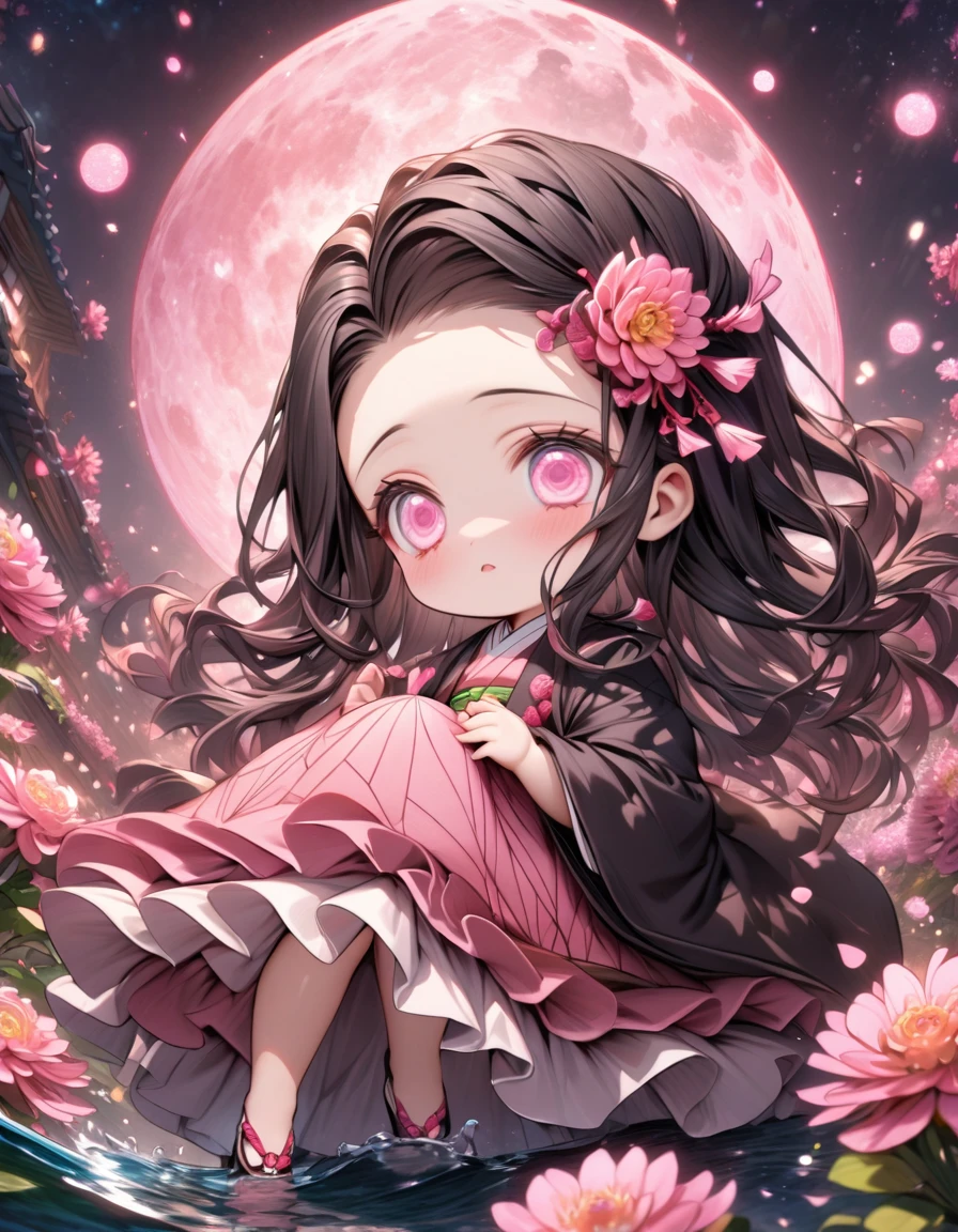 absurdres, highres, ultra detailed, HDR, master piece, best quality, extremely detailed, Kamado Nezuko chibi, black hair, expressive pink eyes, Kimetsu No Yaiba, solo, cute, black haori, pink kimono, fantasy, water, sparkling, pink glittering fireflies, pink moon, pink blossoms, pink chrysanthemums, pink sparkling lights, starry sky