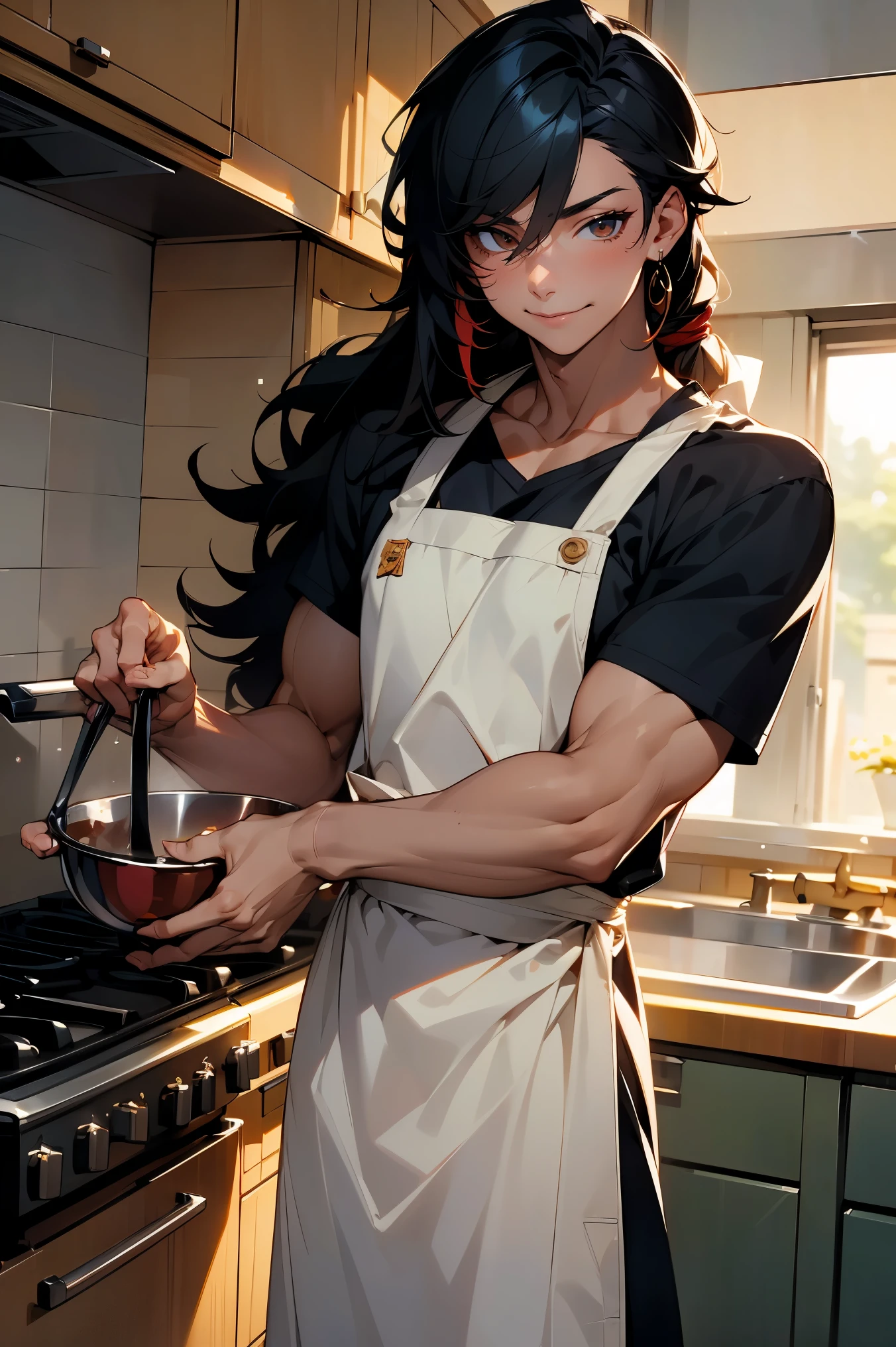 male character, young adult, fit lean body, muscular, himbo, tan skin, bubbly personality, long hair black hair with red strands, on a kitchen, cooking something, bishonen, celshaded, bright and warm colors, homey vibe, casual clothes with apron on