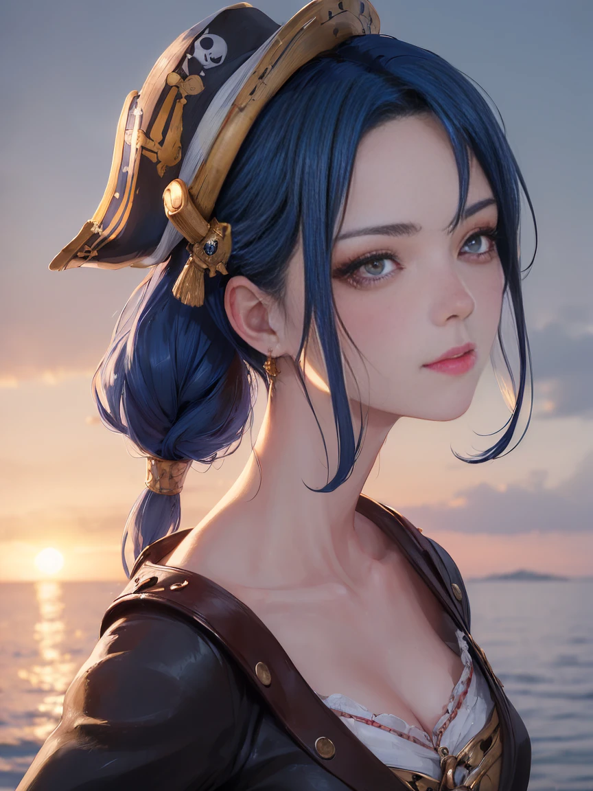(masterpiece, 最high quality:1.4), (pirate ship), (From the back:1), (One girl), (alone), (head to waist photo) (European youth:1), Blue Hair (Fashion Hair:1.3), Nefertari Vivi from One Piece, hyperRealistic, Skin with attention to detail, Digital SLR, Soft lighting, high quality, Highly detailed face, Highly detailed eyes, Highly detailed skin, Skin pores, Scattered beneath the surface, Apply blush all over the face, Highly detailed face, Highly detailed eyes, Beautiful Face, Fuller lips, Detailed Background, Depth of written boundary, Volumetric lighting, Sharp focus, Realistic proportions, Excellent anatomy, (Realistic, hyperRealistic:1.4), 16k hdr, Dawn