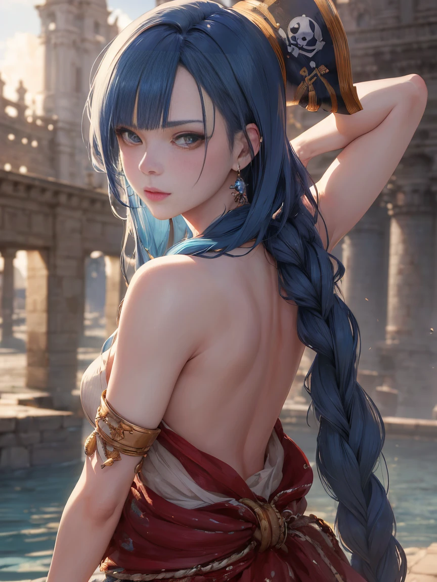 (masterpiece, 最high quality:1.4), (pirate ship), (From the back:1), (One girl), (alone), (head to waist photo) (European youth:1), Blue Hair (Fashion Hair:1.3), Nefertari Vivi from One Piece, hyperRealistic, Skin with attention to detail, Digital SLR, Soft lighting, high quality, Highly detailed face, Highly detailed eyes, Highly detailed skin, Skin pores, Scattered beneath the surface, Apply blush all over the face, Highly detailed face, Highly detailed eyes, Beautiful Face, Fuller lips, Detailed Background, Depth of written boundary, Volumetric lighting, Sharp focus, Realistic proportions, Excellent anatomy, (Realistic, hyperRealistic:1.4), 16k hdr, Dawn