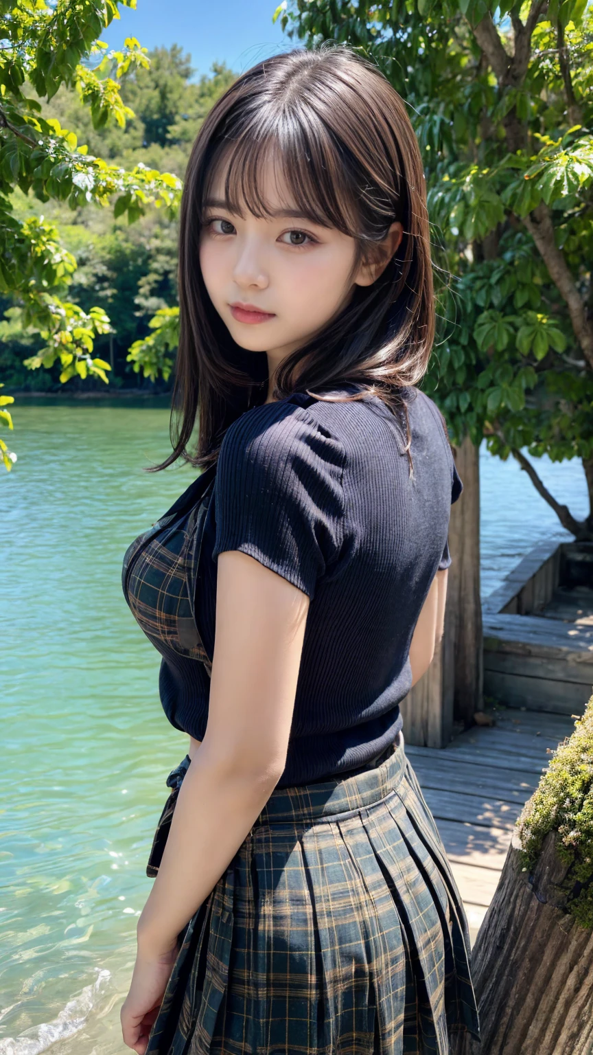 8k, Raw photo, highest quality, masterpiece:1.2), masterpiece, highest quality, figure, Very detailed, Fine details, High resolution, 8k,wallpaper, Perfect dynamic composition,(Detailed high quality, Realistic depiction of eyes:1.3)、Arms wrapped around his back, hands tie behind back, Leaning against a large tree on the shore of a beautiful lake、 With legs wide open、Tartan plaid pleated skirt、whole body、large breasts, The whole thing faces forward、２１talent、Beauty、Well-formed face、Make your eyes even、Large sagging eyes、Beautiful black hair、Has bangedium build、Well-balanced proportions、Beautiful legs、Blue Short Sleeve Blouse、Fresh face、Beautiful scenery、front view