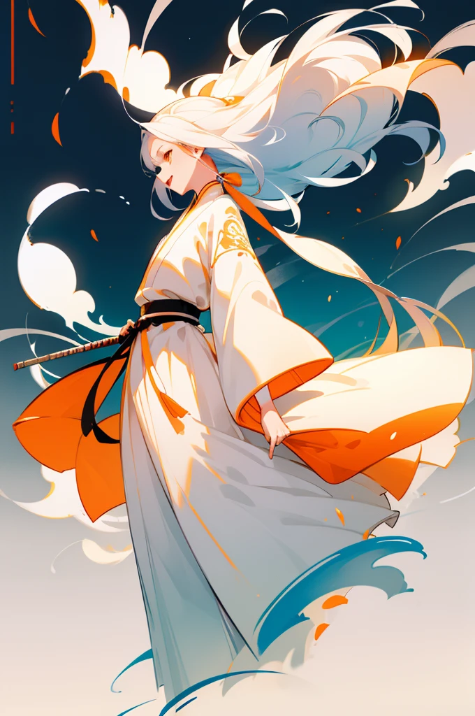 high quality , one white hair girl and one white hair boy, long hair, wuxia character, ((white clothes with blue and orange accent)), ink painting background, flat background, minimalist background, wind pattern background, smiling, standing back to back, white background, cinematic lingting, open mouth