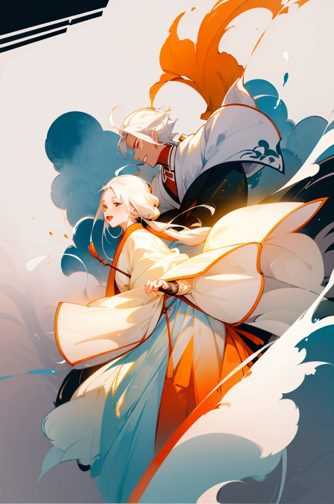 high quality , one white hair girl and one white hair boy, long hair, wuxia character, ((white clothes with blue and orange accent)), ink painting background, flat background, minimalist background, wind pattern background, smiling, standing back to back, white background, cinematic lingting, open mouth