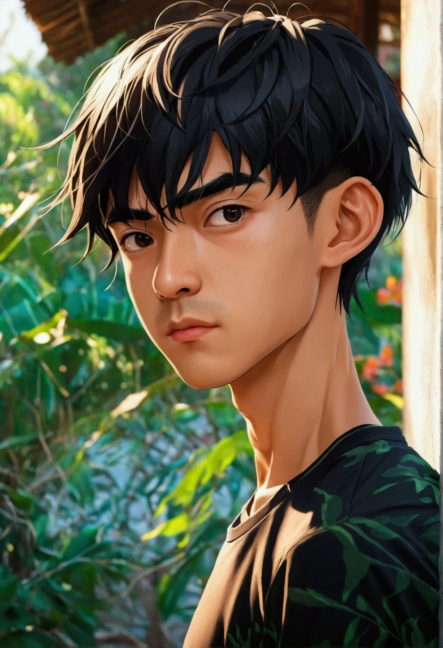 Young man with a Thai-Asian face,small eyes,Sharp eyebrows ,8K images,realistically,Wear a tight sports t-shirt.,Have muscles,Secondary hair style