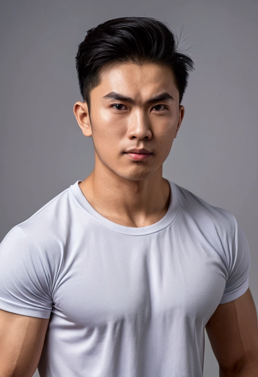 Young man with a Thai-Asian face,small eyes,Sharp eyebrows ,8K images,realistically,Wear a tight sports t-shirt.,Have muscles,Secondary hair style