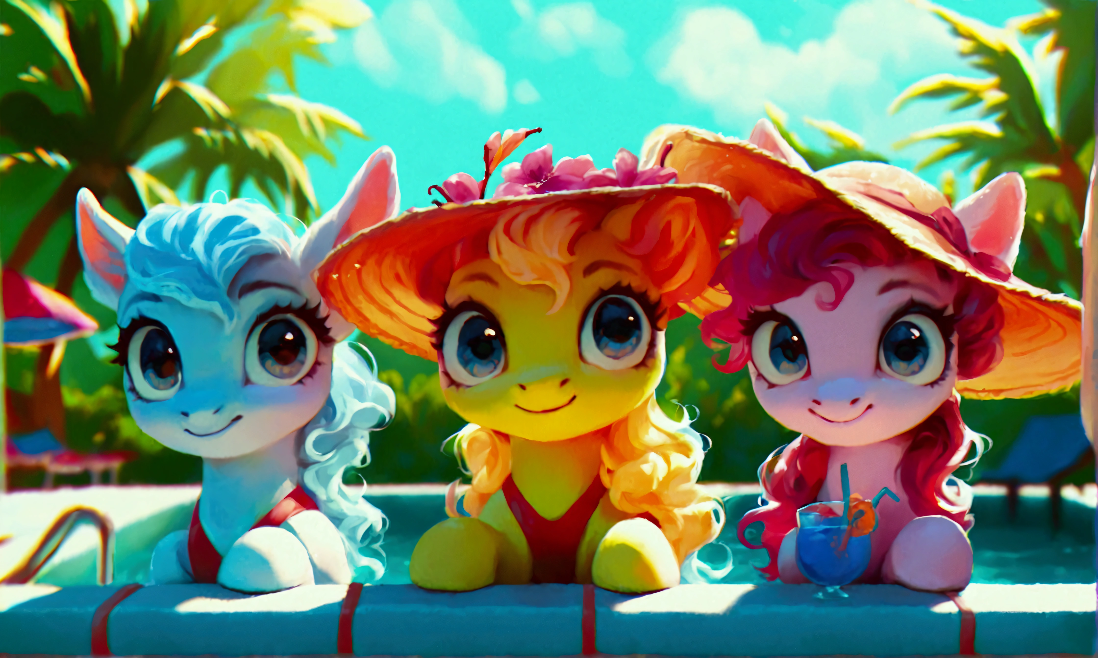 score_9, score_8_up, score_7_up, (three cute ponies at pool party:1.3), cocktails, swimsuit, wavy hair, wide hat, sunlit, intricate design, tropical nature, (clouds:0.5), realistic retro artstyle, bright colors, rating_safe.

