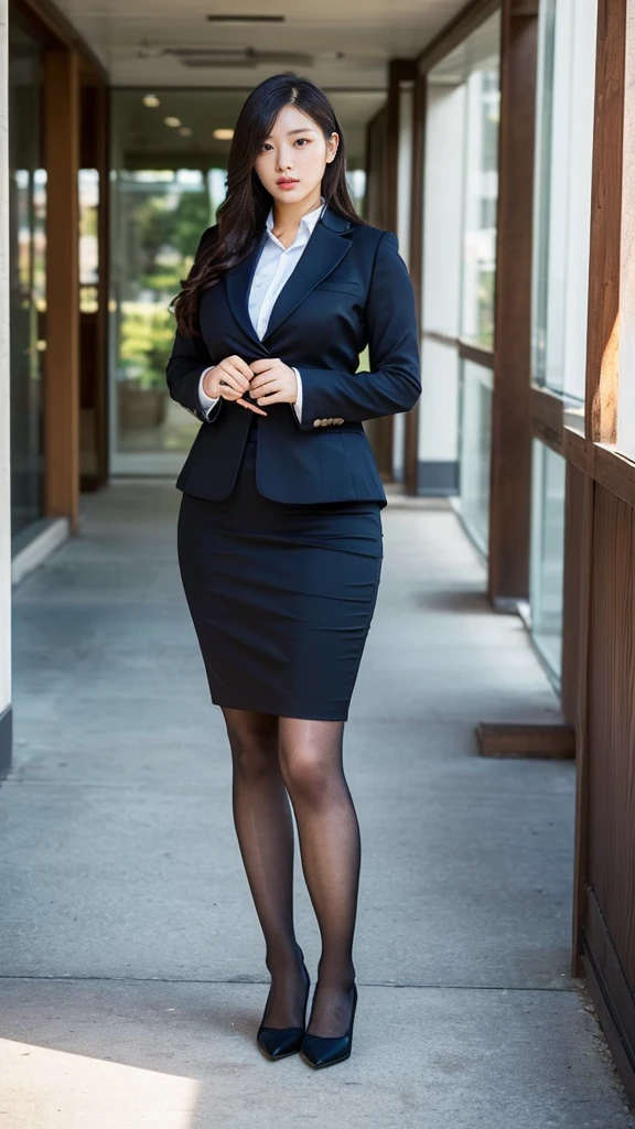 (masutepiece,High quality,16k:1.1),(depth of fields:1.3) ,((front body:1.35)),Japanese ,Woman, ((business suit, pencil skirt)), tights,huge breasts, voluptuous, thicc, curvy,(Looking at Viewer:1.3),(full body shot:1.2),(Beautiful Morning view of town:1.2),