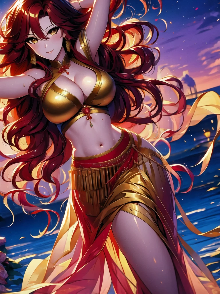 (masterpiece, best quality: 1.2), 1 female, solo, dancing alone, Xian Mei, beautiful golden eyes, detailed eyes, beautiful eyes, long red curly hair, detailed face, beautiful face, jewelry, perfect anatomy, perfect body , traditional belly dance dress , medieval China, sexy, hot, shapely breasts, beautiful breasts, beautiful background, belly dance, dance, beautiful dance, mountains in the background, sharp picture, clear picture, HD resolution, quality,