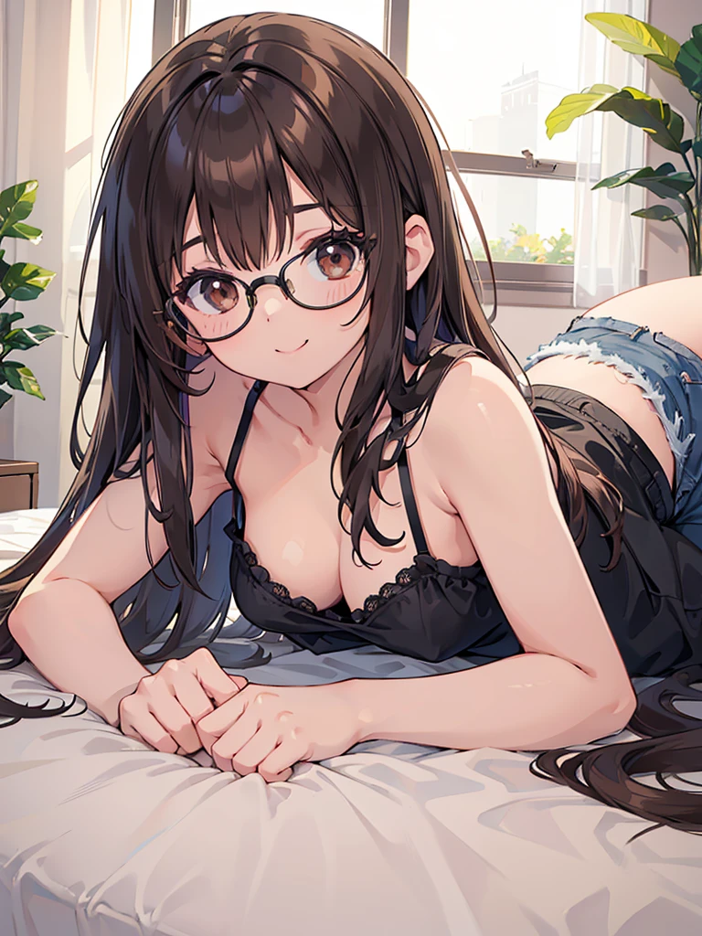 1 Female、Brown hair、Brown Eyes、Best Quality、Super detailed、8 Resolution、Raw photo、Mastepiece、Perfect Body、high resolution、highest quality、Detailed drawing、Vibrant colors、lure、smile、Long Hair、Black-rimmed glasses、Captivating breasts、Lie down on the bed、camisole、Shorts