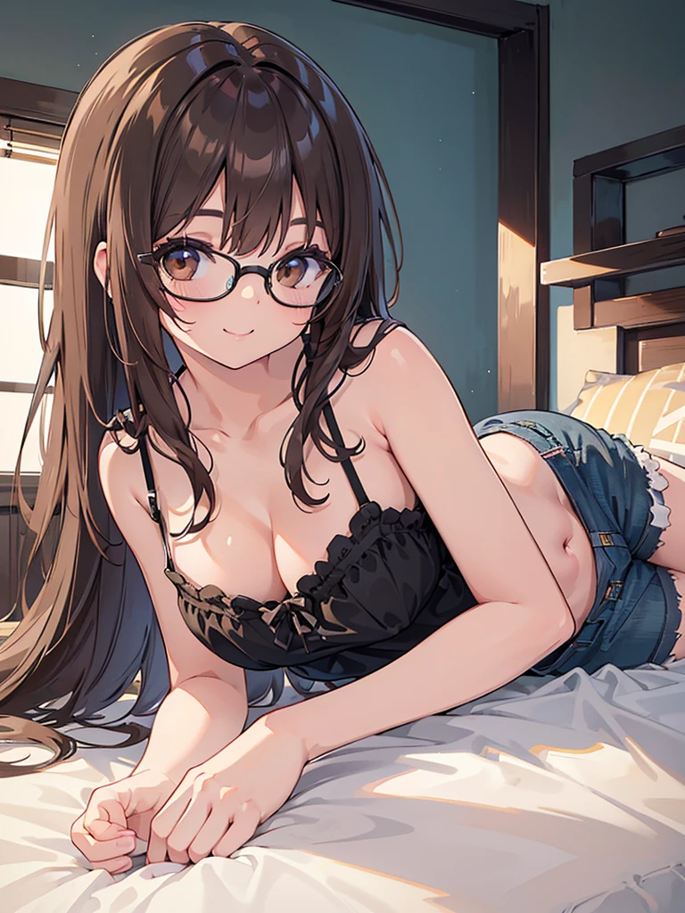 Highest quality, masterpiece, High resolution, (alone),  {full moon_Fleet Collection:1.15}, Long Hair, Brown Hair, Glasses, brown_eye, red-framed_Glasses, semi-rimless_Glasses, Crescent Moon, black_Seraphim, blush, Under Rim_Glasses, One girl, Closed_eye, Open_mouth, School_uniform, (indoor, office, living room), , blackスカート, smile, (Petite),((nsfw)), Flat Chest, (panties), (Junior Bra), Sports bra