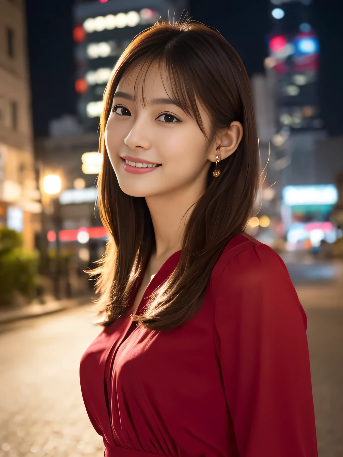 1 girl, (wearing a red blouse:1.2), Beautiful Japan actress,
(RAW photo, highest quality), (realistic, Photoreal:1.4), masterpiece, 
very delicate and beautiful, very detailed, 2k wallpaper, wonderful, 
finely, Very detailed CG Unity 8K 壁紙, super detailed, High resolution, 
soft light, beautiful detailed girl, very detailed目と顔, beautifully detailed nose, beautiful and fine eyes, 
cinematic lighting, Against the backdrop of the cityscape at night, city lights, perfect anatomy, slender body, smile, Random body orientation,