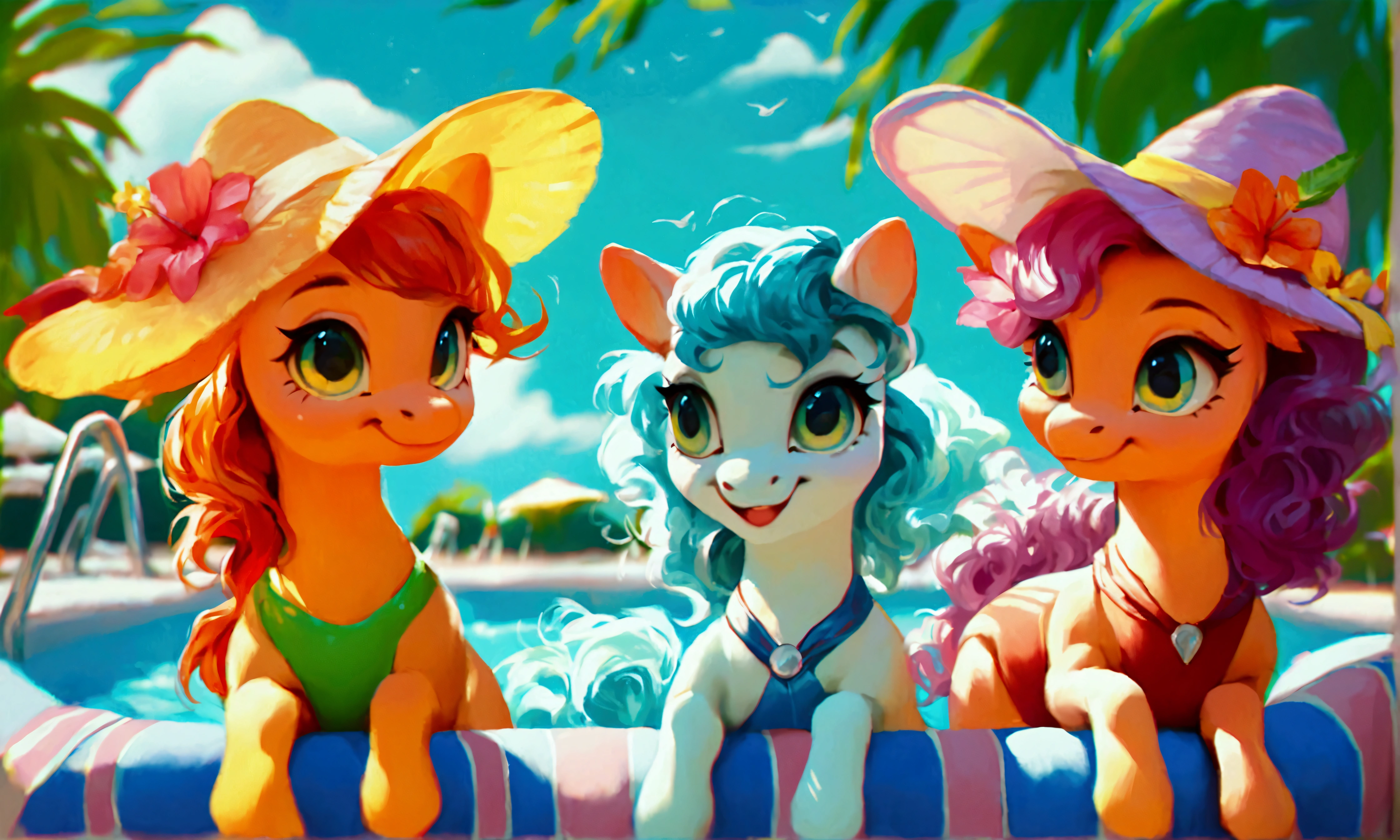 score_9, score_8_up, score_7_up, (three cute ponies at pool party:1.3), cocktails, swimsuit, wavy hair, wide hat, sunlit, intricate design, tropical nature, (clouds:0.5), realistic retro artstyle, bright colors, rating_safe.
