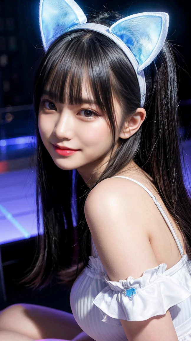 最high quality, masterpiece, 32k、Very detailed、Realistic、1 Girl, Japanese women、Rotate your hips and strike a pose、A sloppy smile、Cute face, (photo Actual:1.3),Twin tail hairstyle、Black Hair、Edge lighting, (Skin with attention to detail:1.2), 8K超High resolution, Single-lens reflex camera, high quality, High resolution, 4K, 8K, Optimal ratio of four fingers to one thumb, (Actual:1.3), cute 1 Girl, Realistic、Super Realistic、32k、Very detailed、masterpiece, 最high quality, beautiful girl, beauty、Gorgeous girl, Big Breasts,Big Breasts、Big Breasts、Big Ass, Tight waist, Spread your legs, Plenty of facial detail, Cute white Gothic ta outfit、A light blue shiny cat ear headband, City of the Future, hologram, Neon lighting, Very detailedな, High resolution, masterpiece, high quality, High resolution, tree