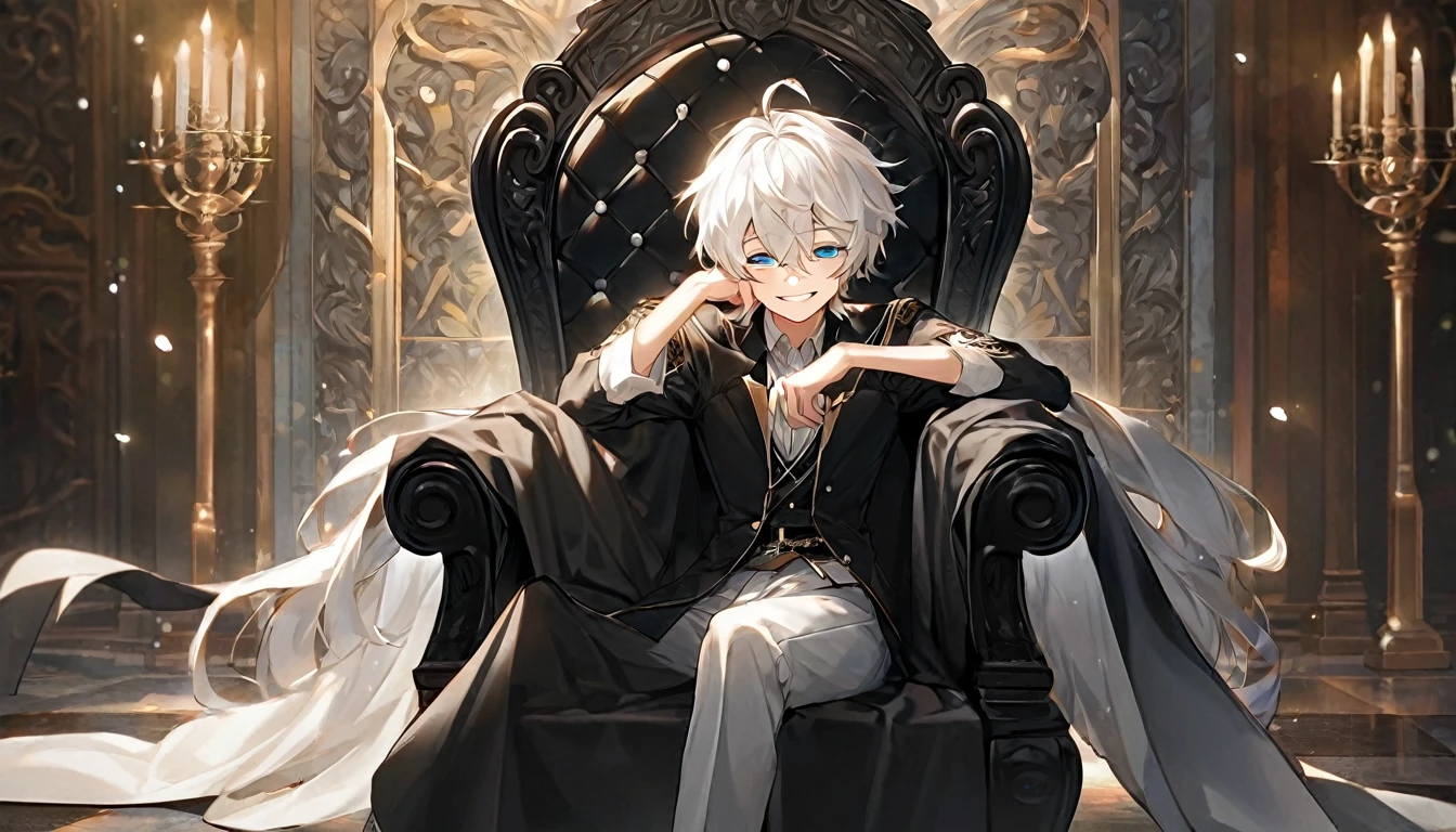 A white-haired boy was sitting on a black throne with a sad smile on his face.、There's a fire in his hands、There is fire on the throne of the abyss、There is no shadow、There's no one behind me、The legs are spread wide、The background is darker and more ominous.