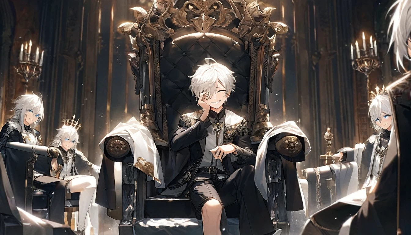 A white-haired boy was sitting on a black throne with a sad smile on his face.、There&#39;s a fire in his hands、There is fire on the throne of the abyss、There is no shadow、There&#39;s no one behind me、The legs are spread wide、The background is darker and more ominous. 