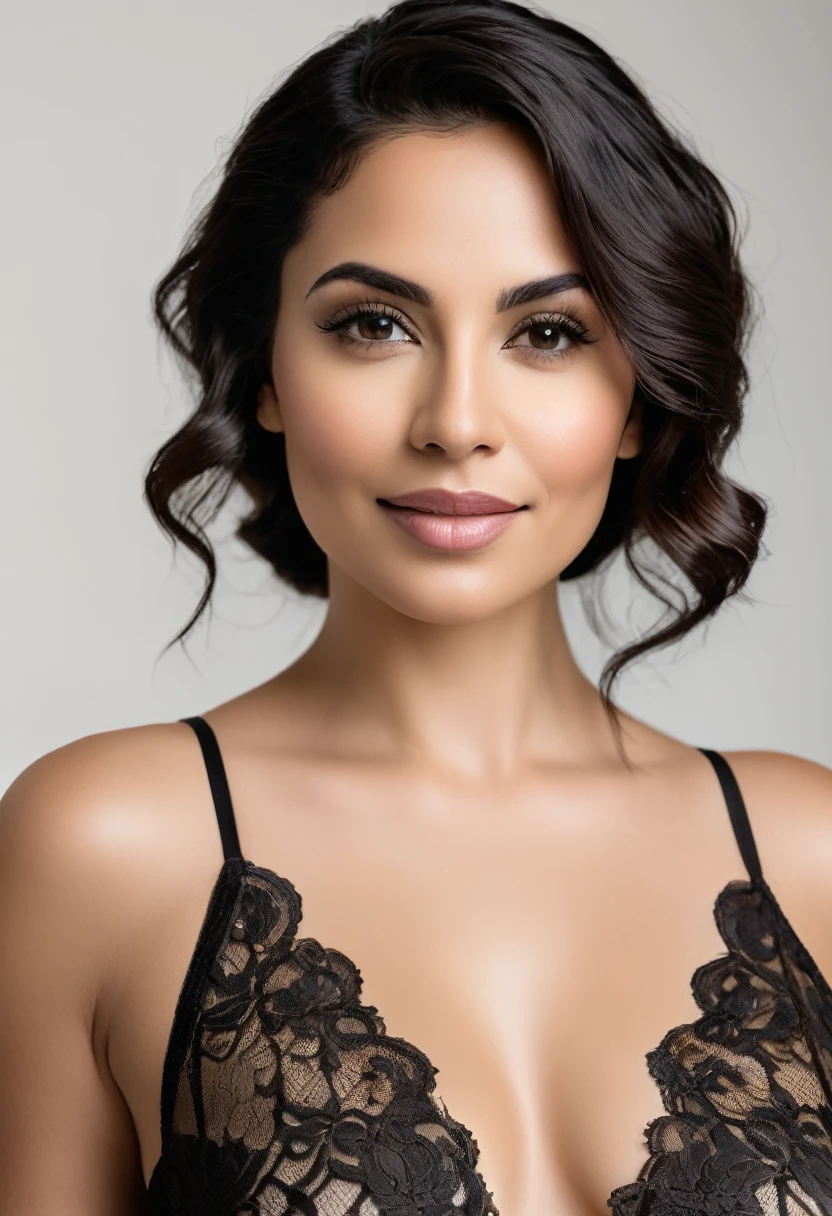 A Latina woman in her early 30s poses confidently against a completely white background, drawing all attention to her. She is wearing black lace lingerie that accentuates her curves, with intricate details adding a touch of sophistication and sensuality. Her skin glows under the light, highlighting her warm and radiant complexion. With a seductive gaze and an enigmatic smile, she exudes a mix of mystery and allure. Her dark hair falls in loose waves around her shoulders, perfectly complementing her outfit. The simplicity of the white background further emphasizes her presence and elegance.

