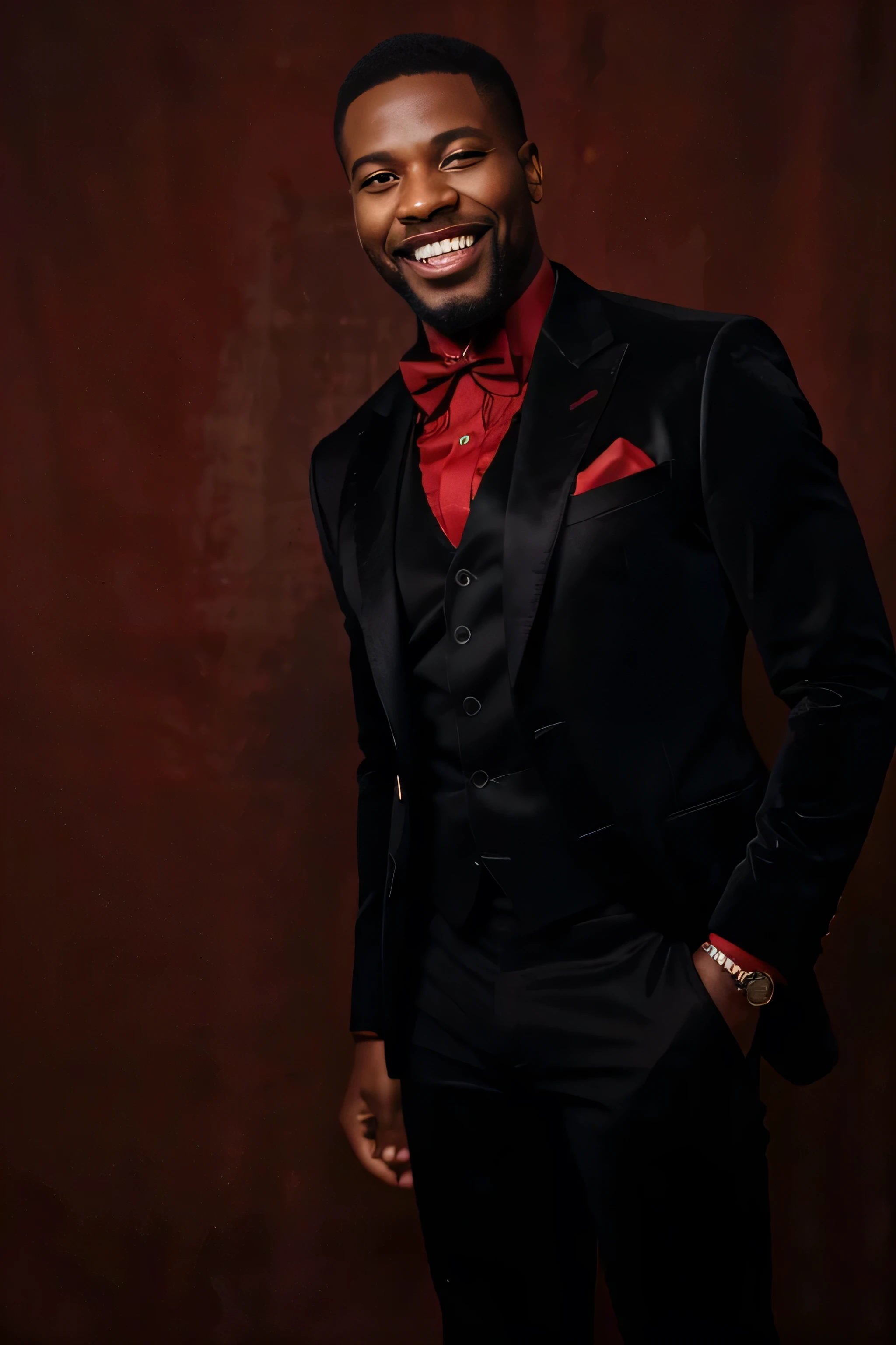 portrait shot of elegant extremely happy laughing strong african muscular businessman man around50 years old with a black grownout thick beard and short hair long posing for a photo in velvet burgungy red suit and black versace business suitand a red bowtie against a dark background