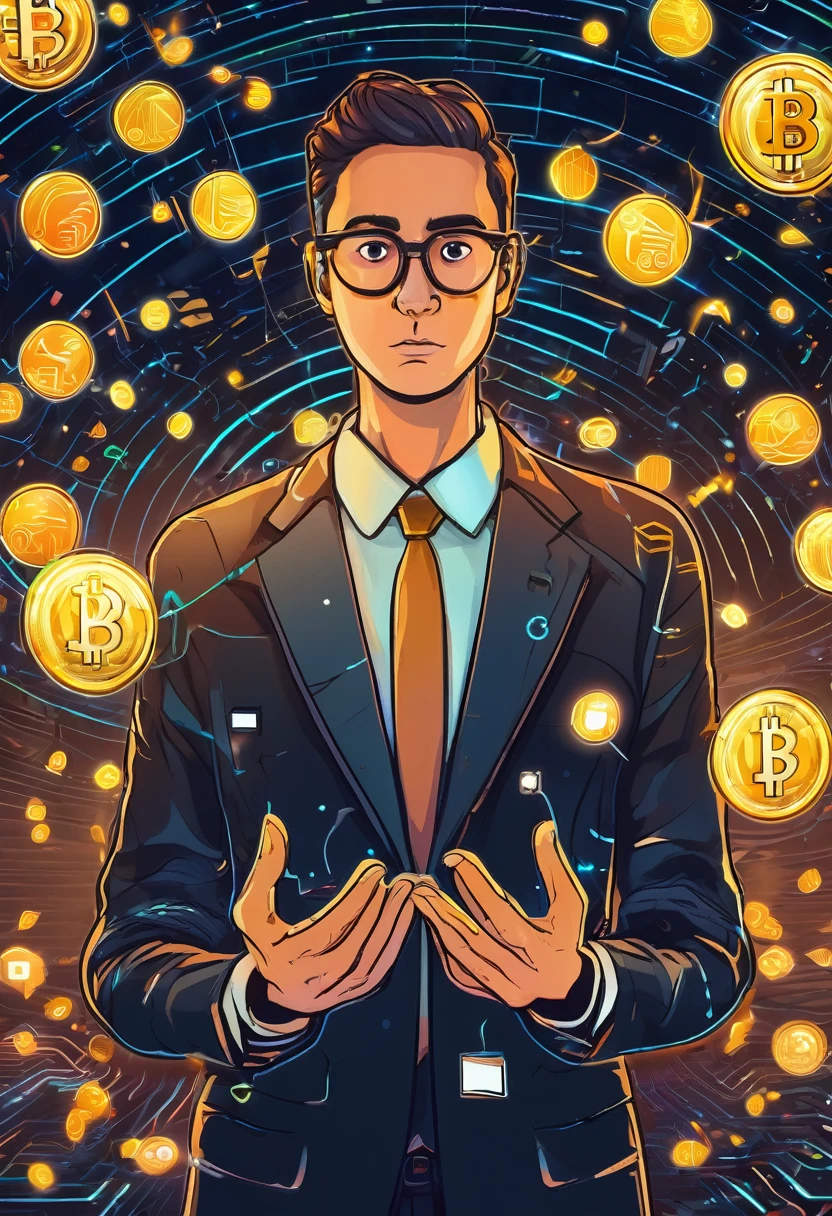 A character with wide, anxious eyes and an outstretched hand, wearing a suit adorned with small, glowing cryptocurrency symbols. The background is a whirlwind of digital data streams, highlighting the urgency and fear of missing out in the crypto market."