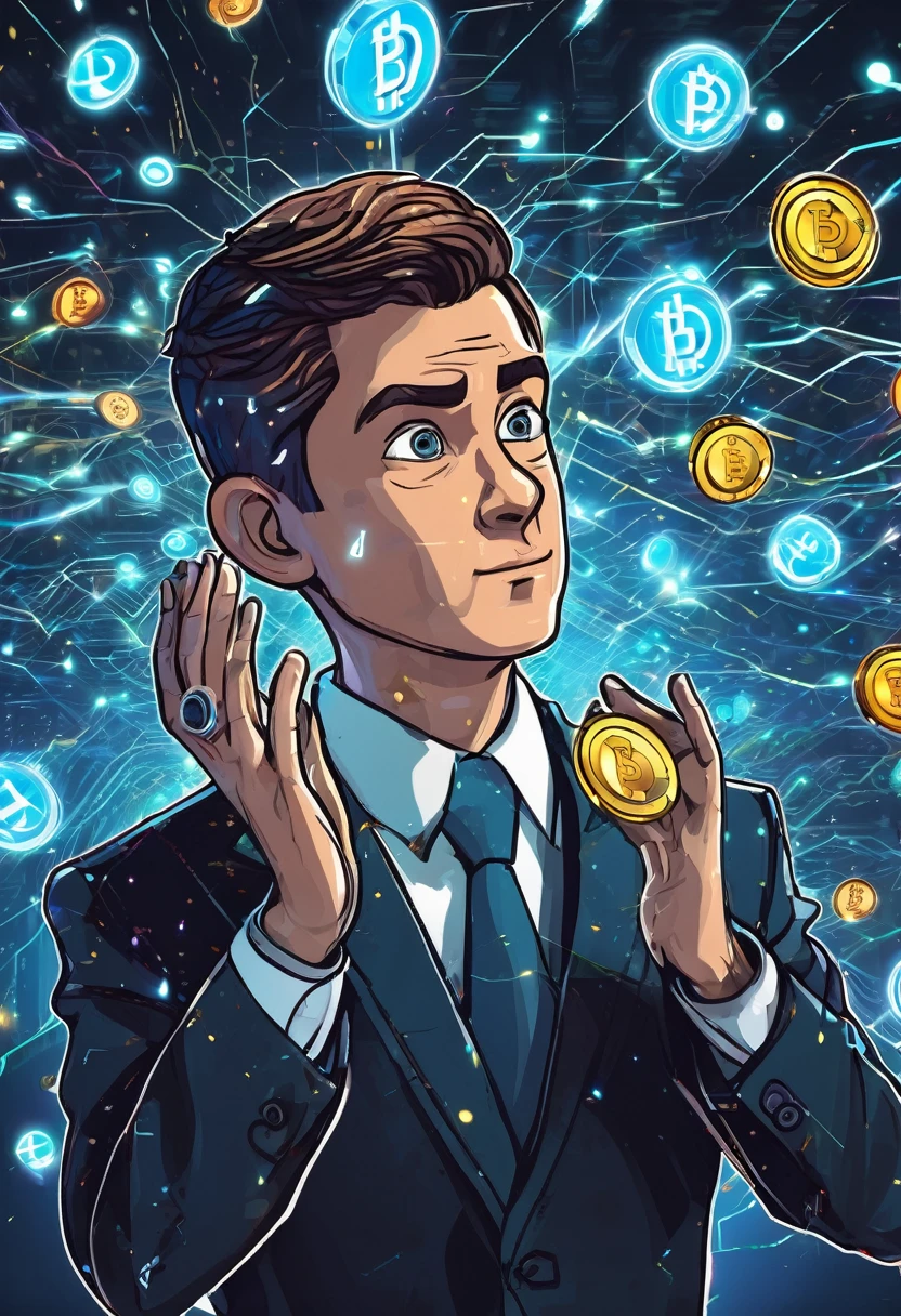 A character with wide, anxious eyes and an outstretched hand, wearing a suit adorned with small, glowing cryptocurrency symbols. The background is a whirlwind of digital data streams, highlighting the urgency and fear of missing out in the crypto market."