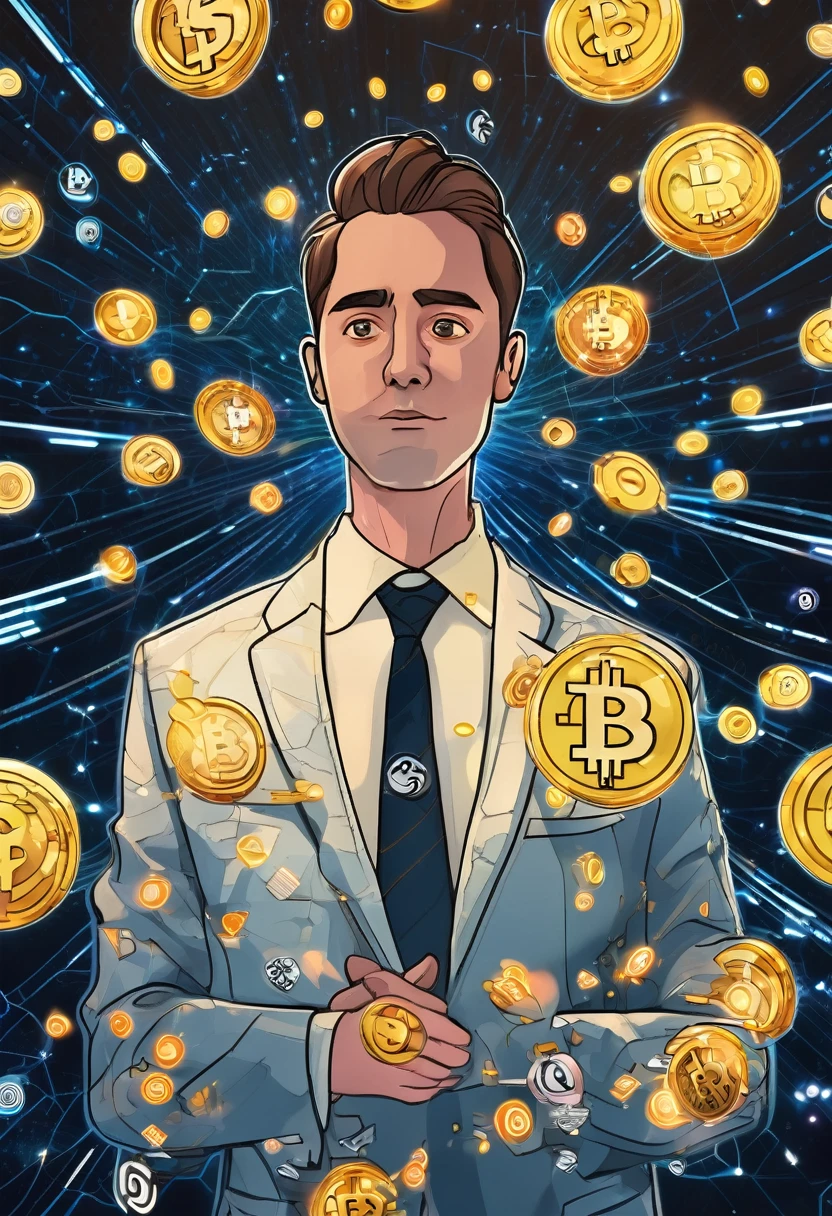 A character with wide, anxious eyes and an outstretched hand, wearing a suit adorned with small, glowing cryptocurrency symbols. The background is a whirlwind of digital data streams, highlighting the urgency and fear of missing out in the crypto market."