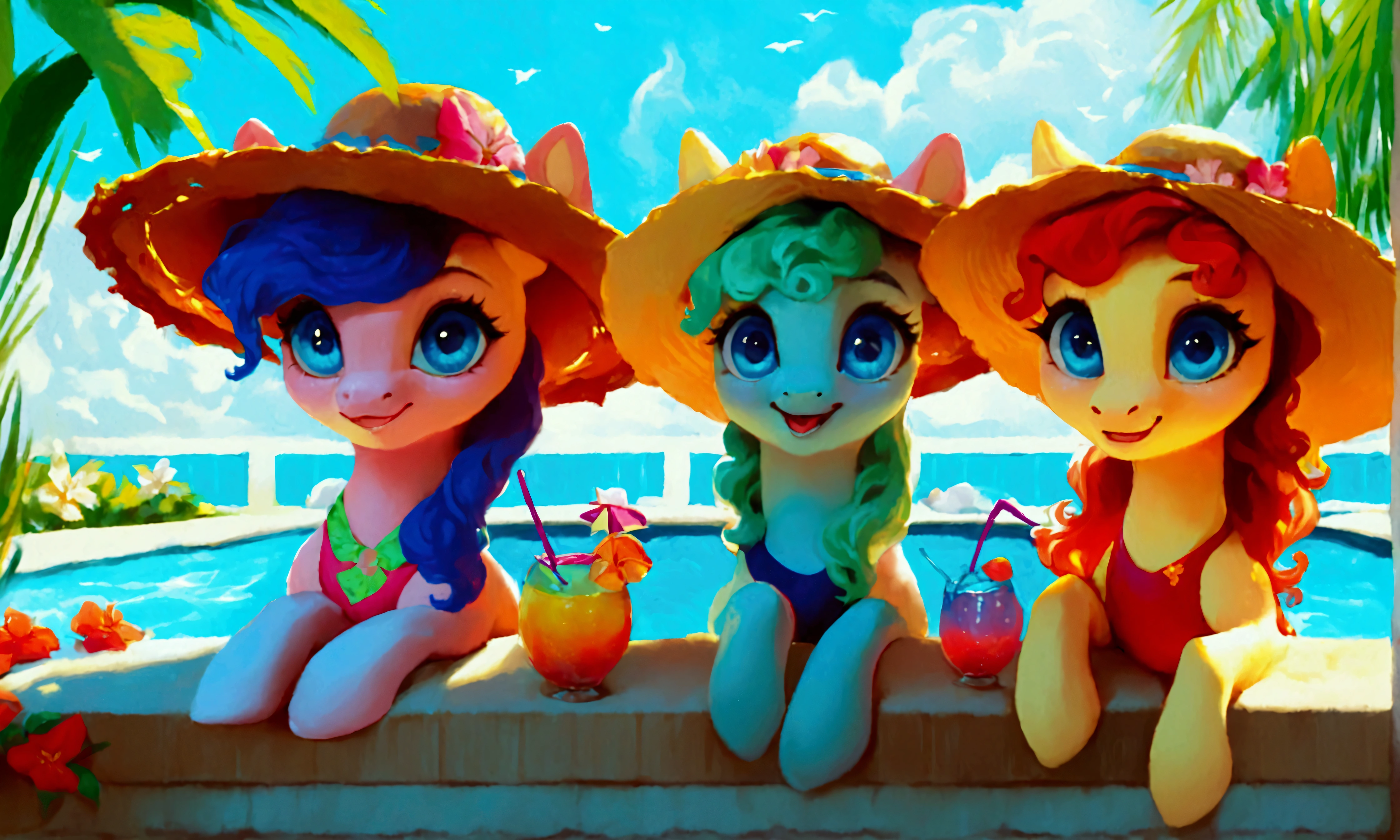 score_9, score_8_up, score_7_up, (three cute ponies sitting under umbrella at pool party:1.4), (((drinking cocktails))), wearing Goth accessories, wavy hair, sunlit, (((decorations))), summer dress with intricate design, tropical nature, (clouds:0.5), realistic retro artstyle, bright colors, rating_safe.
