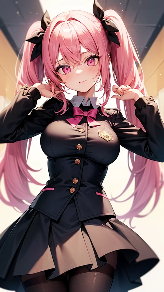 (Highest quality,Very detailed,1 Girl),Wearing black tights,Pink Hair,height: 160cm,cute,Pink Eyes,Twin tails,Big Breasts,Wear a uniform,Her eyes are white and shining,Look at me from up close,Has bright white eyes,He has an embarrassed look on his face.,The skirt is about to flip up,