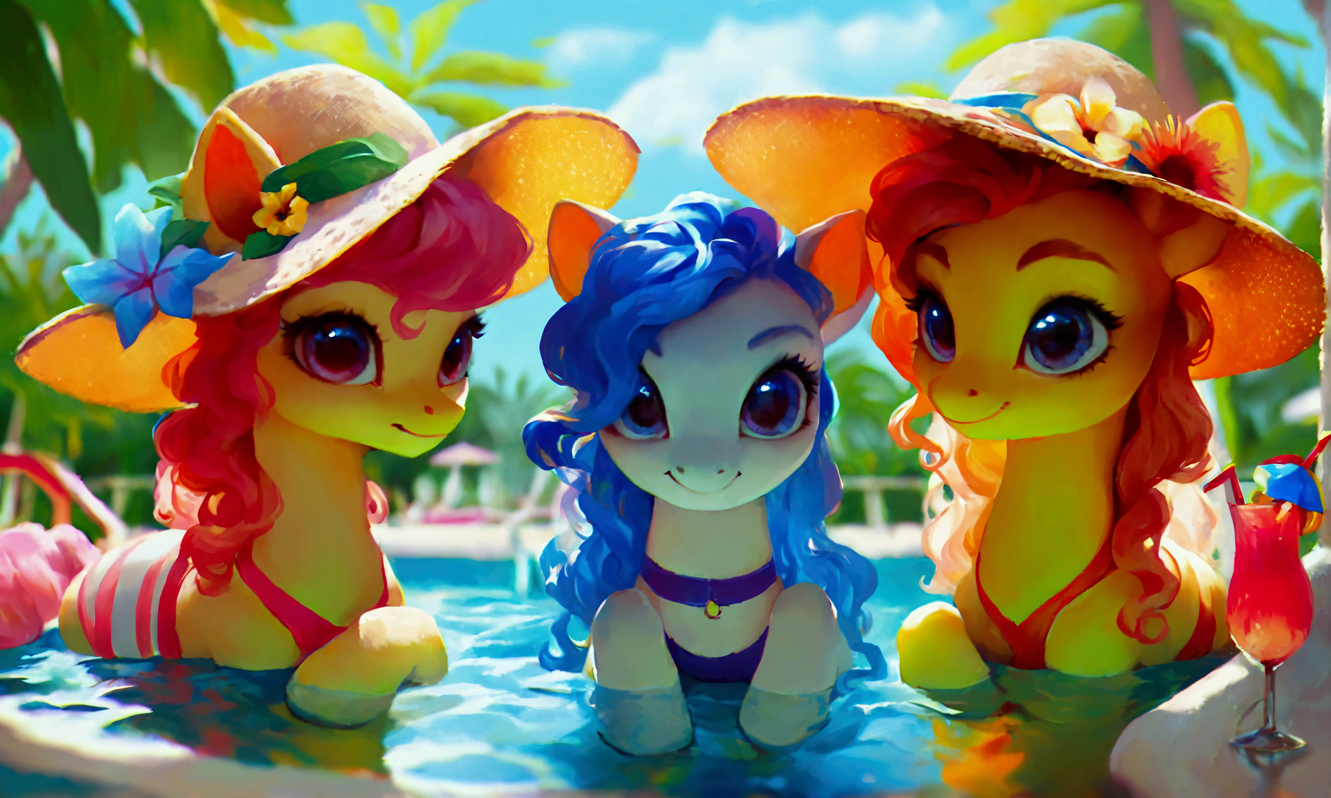 score_9, score_8_up, score_7_up, (three cute ponies sitting under umbrella at pool party:1.4), (((drinking cocktails))), wearing Goth accessories, wavy hair, sunlit, (((decorations))), summer dress with intricate design, tropical nature, (clouds:0.5), realistic retro artstyle, bright colors, rating_safe.

