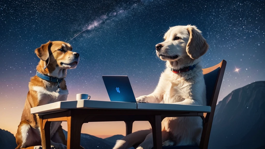 Create a painting that meets the following criteria:
Upward angle, HD, Disney Pixar style, digital painting, natural light, rich background, edge lighting, dreamy tones and colors, 16:9 aspect ratio. This painting shows a cute dog wearing headphones sitting in a chair and using a laptop. The background is a night sky with stars. The image uses a gentle light blue color. The dog's expression looks very sleepy. The background of the painting is a dreamy starry sky decorated with stars and soft halos scattered across the night sky.